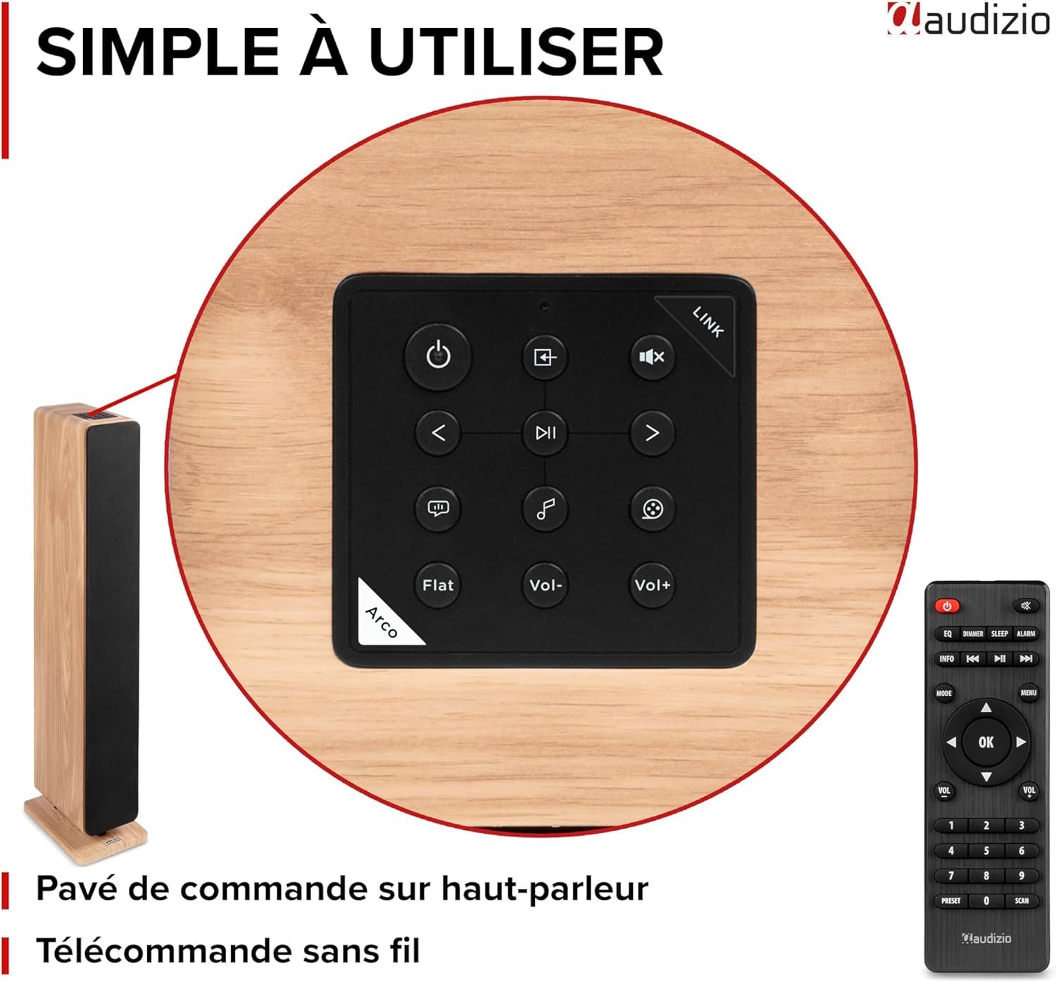 Audizio ARCO Tour De Son Hi-FI BT Chêne Clair 160W - Enceinte Colonne Active Amplifiée avec LED, Mode Stéréo, TV, Streaming et Salon