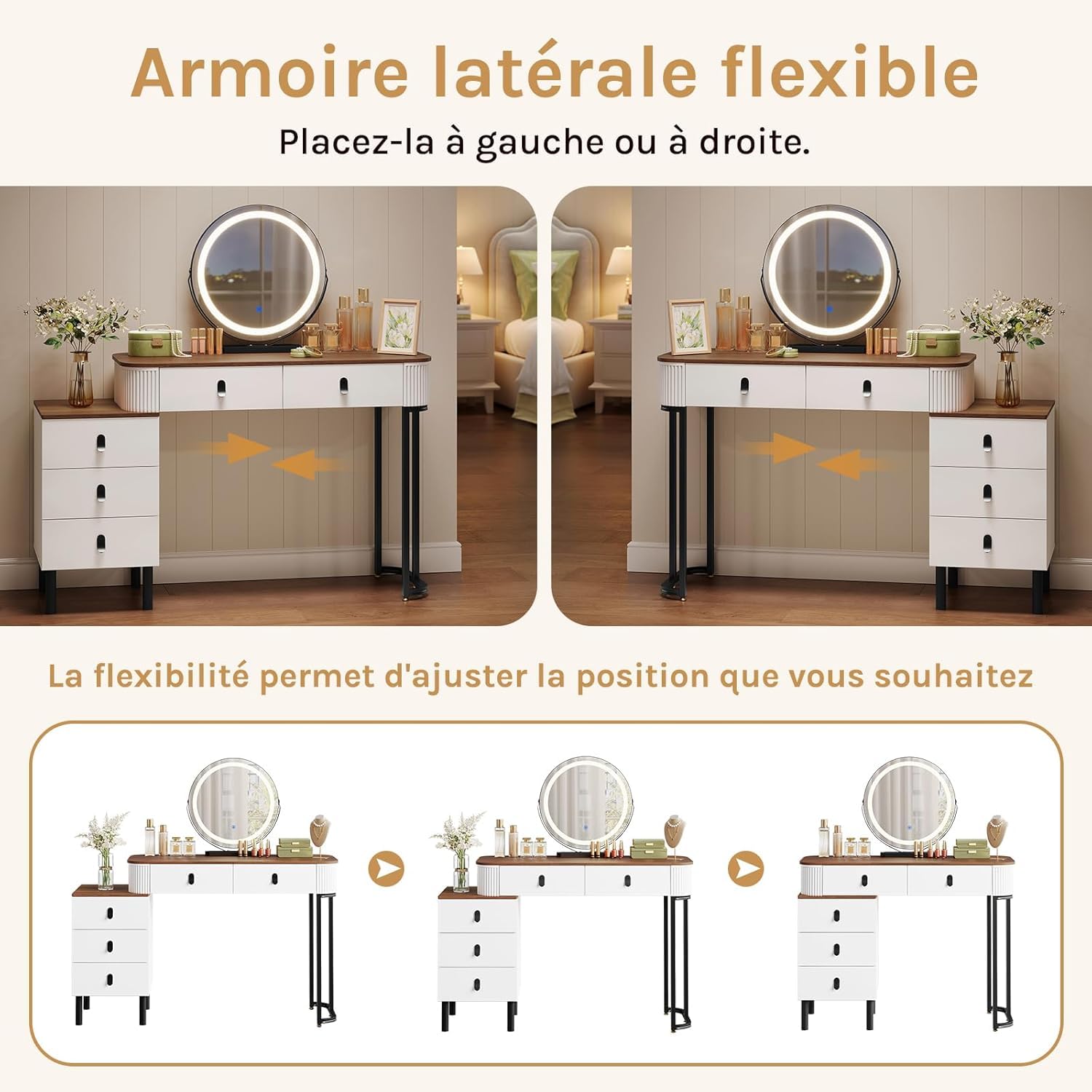 WOLTU Coiffeuse avec Miroir LED Réglable, 3 Couleurs, Table de Maquillage avec 5 Tiroirs de Rangement, Coiffeuse Moderne, 2-en-1 Bureau pour Chambre, 100x40 cm, en Bois et Métal, Marron + Blanc + Noir