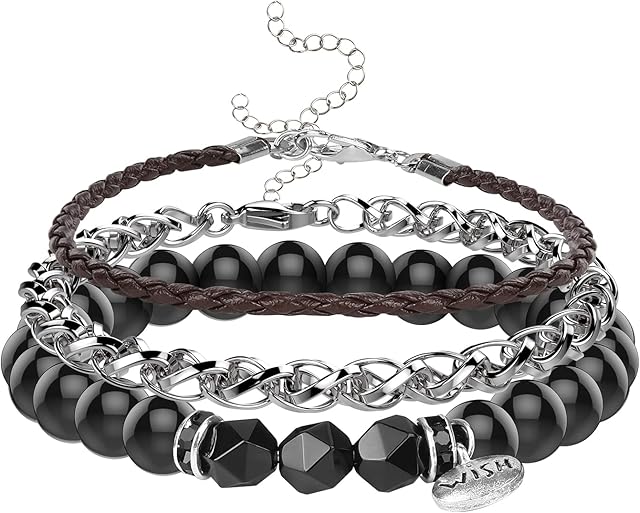 Emibele Mens Bracelets Set Black Beaded Bracelet Stainless Steel Chain Bracelet PU Leather Bracelet Punk Style Wrap Bracelets 3PCS Stackable Adjustable Wrist Bracelet Sets Men's Jewelry