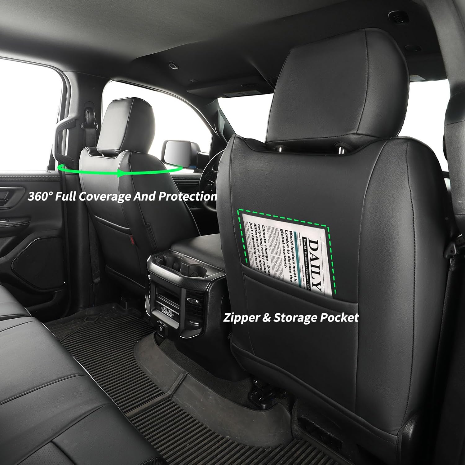 coverdream Front RAM Seat Covers for 2019-2026 Ram 1500 CrewCab Big Horn,Lone Star,Front Seat w/Headrest Groove,Fully Covered,Waterproof Truck Leather Seat Protector(2-Pack,Black & Carbon Fiber)