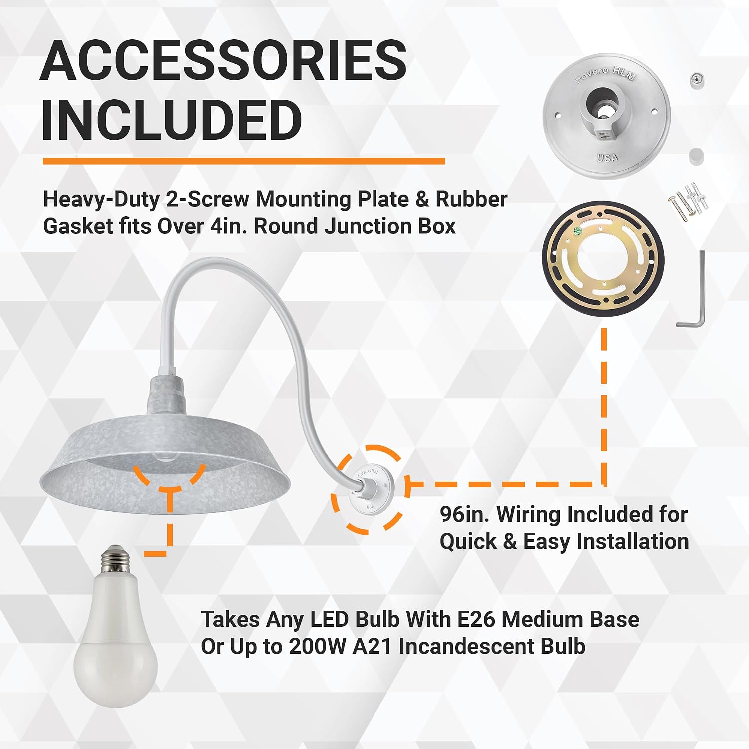 17in. Galvanized Finish Outdoor Gooseneck Barn Light Fixture with 24in. Long Extension Arm - Wall Sconce Farmhouse, Vintage, Antique Style - UL Listed - 9W 900lm A19 LED Bulb (5000K Cool White)