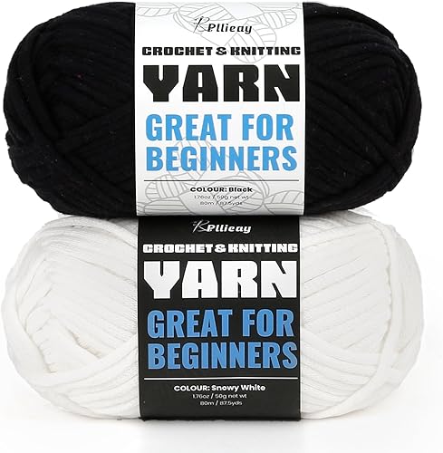 Pllieay Paquete de 2 hilos de 1.76 oz (50 g), color blanco y negro para tejer y tejer, hilo de algodón para principiantes, hilo para tejer con