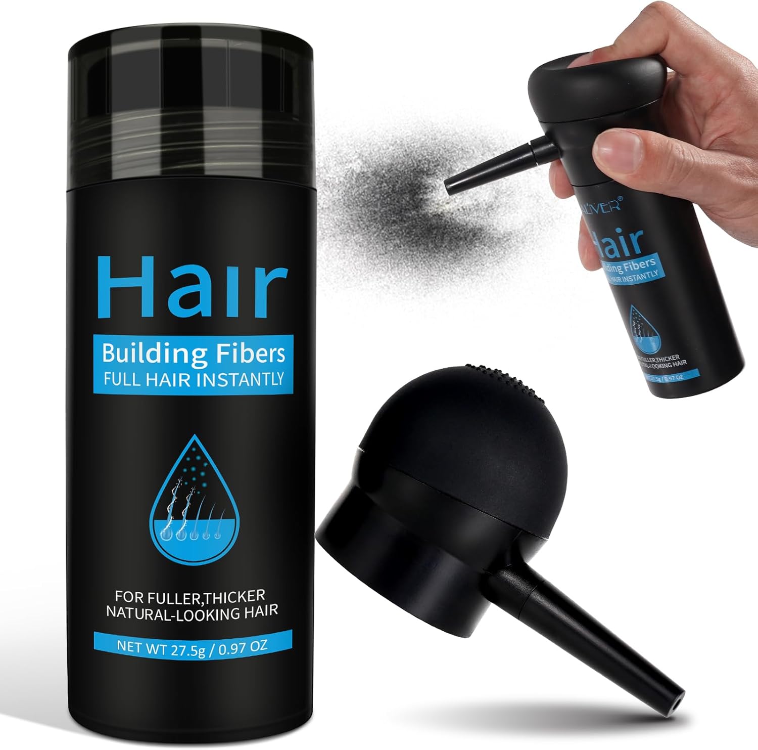 Strooihaar voor haarverdichting, 27,5 g, aanzetpoeder, concealer voor vrouwen en mannen, waterdicht, verbergt haaruitval, haarpoeder (zwart met mondstuk)