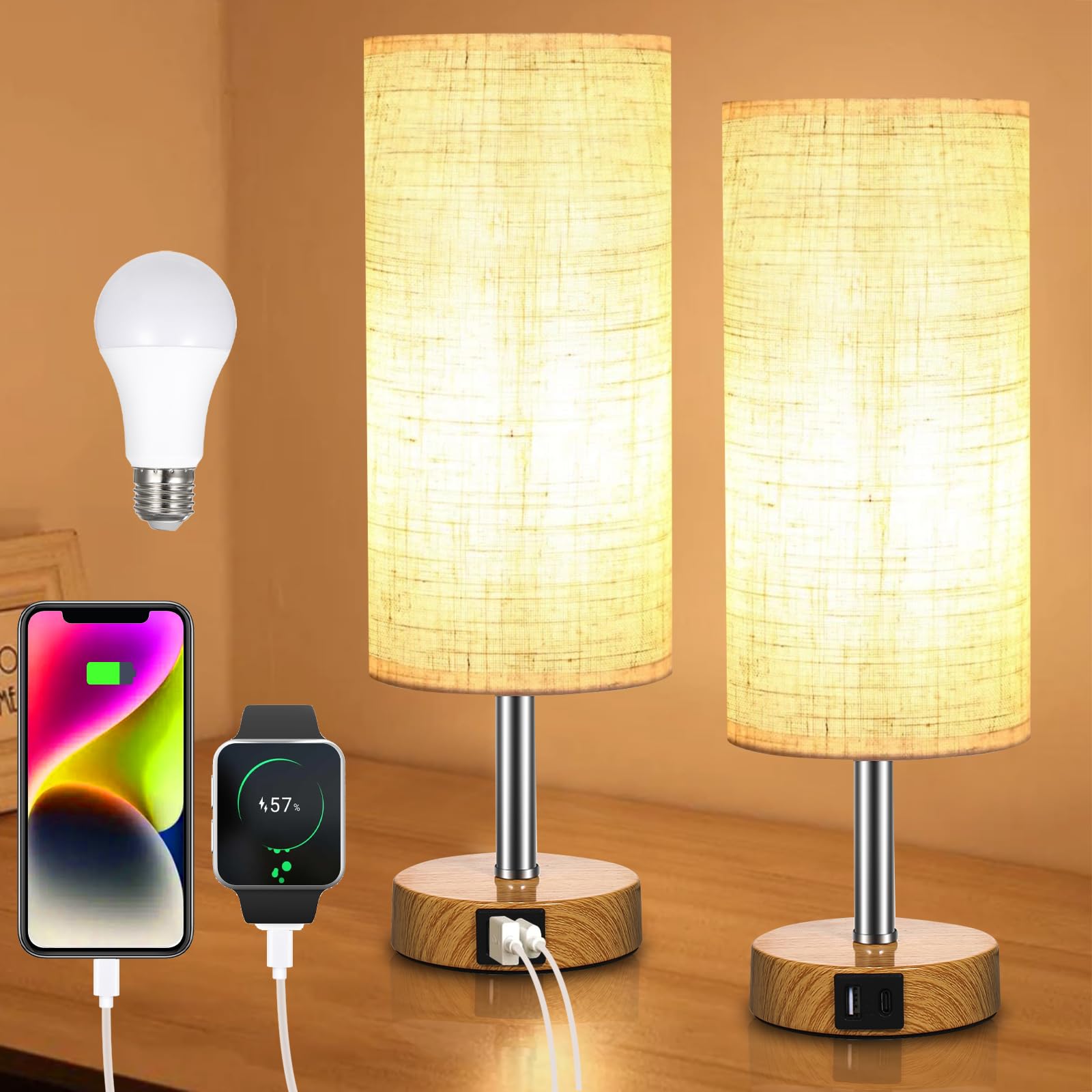 Neoglint Abat Jour da Comodino Coppia, Lampada Touch da Comodino Dimmerabile con 4 Porte di Ricarica USB,Paralume in Tessuto Bianco, Attacco E27, Include 2 Lampadine Bianco Caldo (3000K)