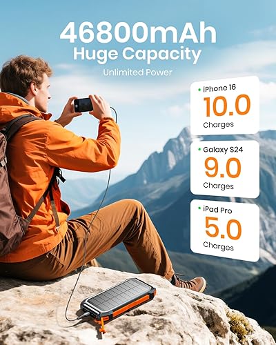 Miniatura 2 de Banco de energía solar de 46800 mAh - Cargador solar USB C de carga rápida de 15 W con 3 salidas, batería externa para iPhone y linterna para uso en