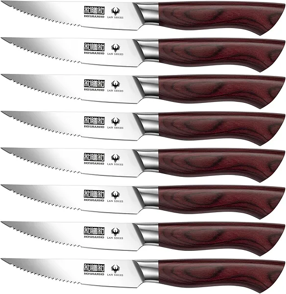 HOSHANHO Steak Knife Set 8 Pieces, 4.5 Inch Super Sharp High Carbon Stainless Steel Steak Knife Set, Professional Premium Serrated Precise Cutting with Ergonomic Wood Handle