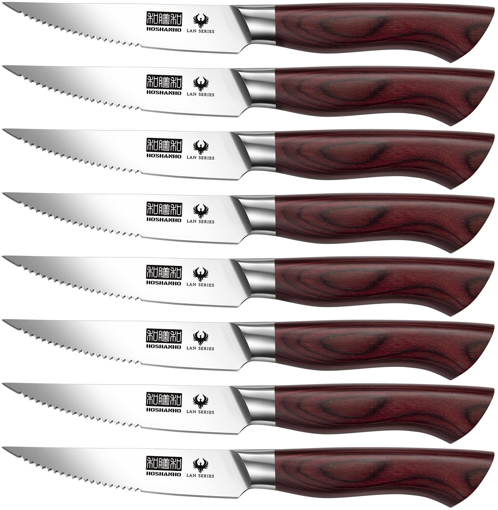 HOSHANHO Steak Knife Set 8 Pieces, 4.5 Inch Super Sharp High Carbon Stainless Steel Steak Knife Set, Professional Premium Serrated Precise Cutting with Ergonomic Wood Handle
