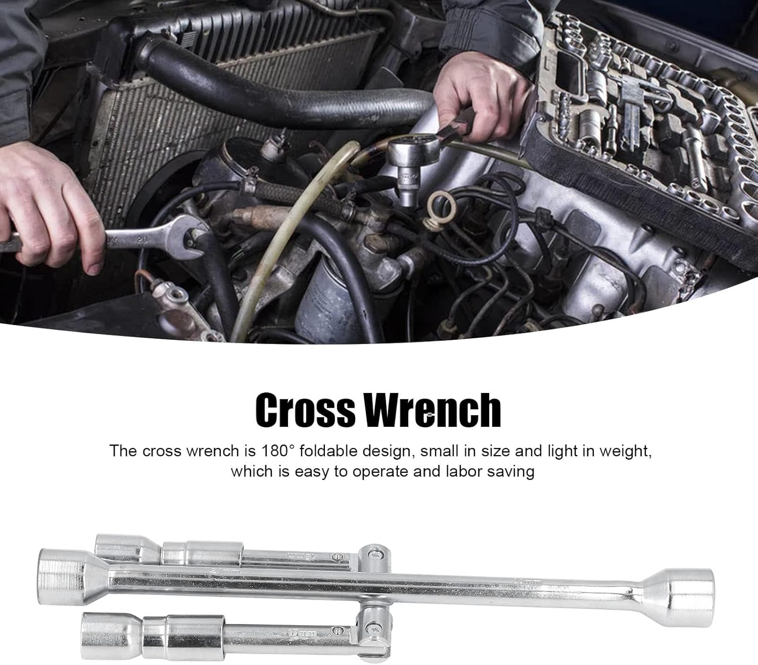 14 inch Universal Folding Lug Wrench, 4 Way Cross Wrench High Carbon Steel 180° Foldable Lug Socket Spanner for Car Repair