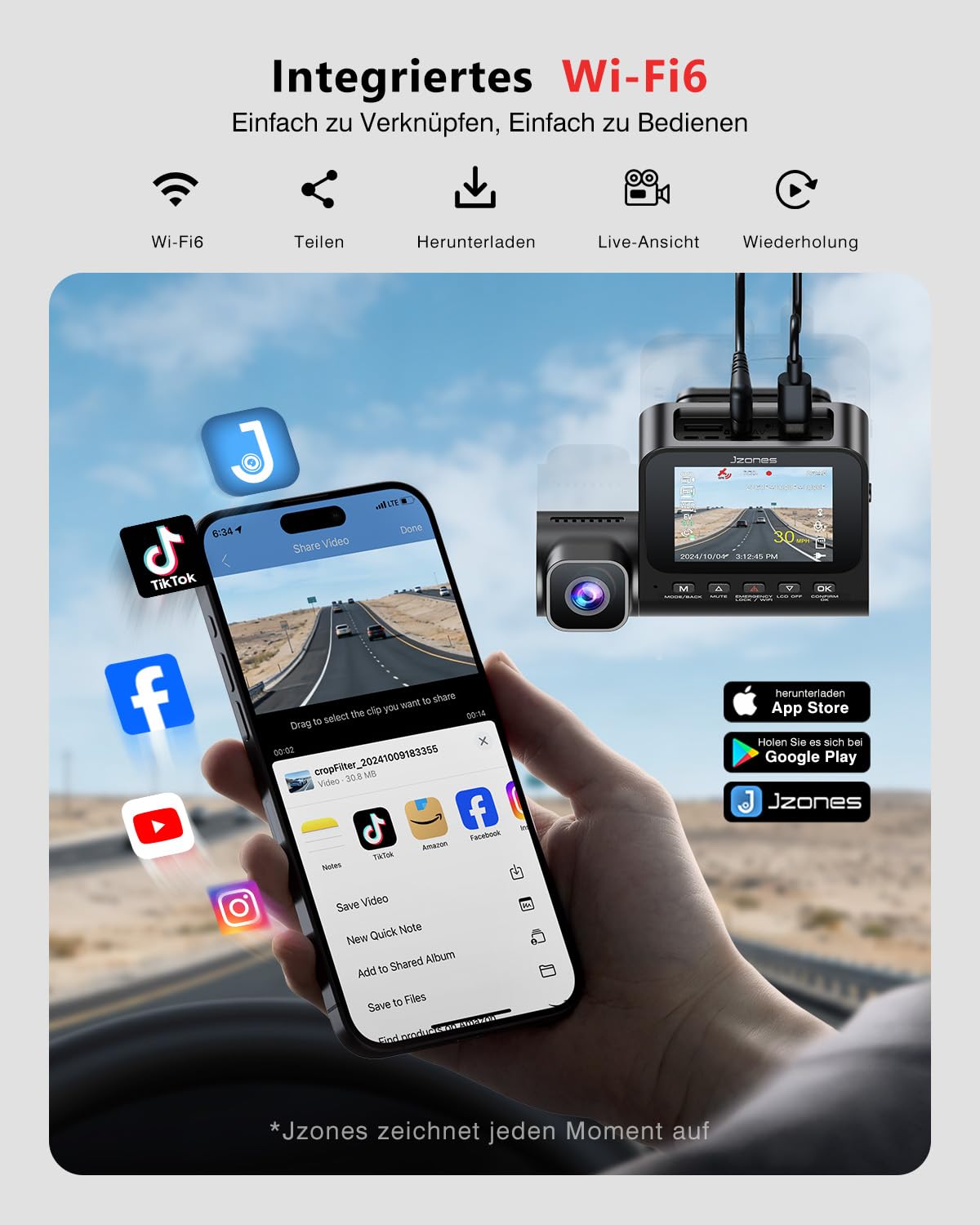 Dashcam Auto Vorne Hinten STARVIS 2 - dashcam 4K 3-Kanal Kamera, dashcam 360° Nachtsicht & HDR, 4K Front,1080P Innen & 1080P Hinten, WiFi 6 & GPS, 24h Parküberwachung mit G-Sensor, 64GB Karte