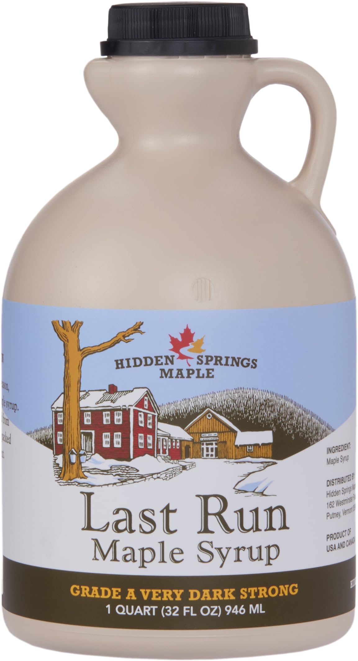Hidden Springs Maple Very Dark Quart 100% Pure Maple Syrup USA/CAN, BPA-free Jug