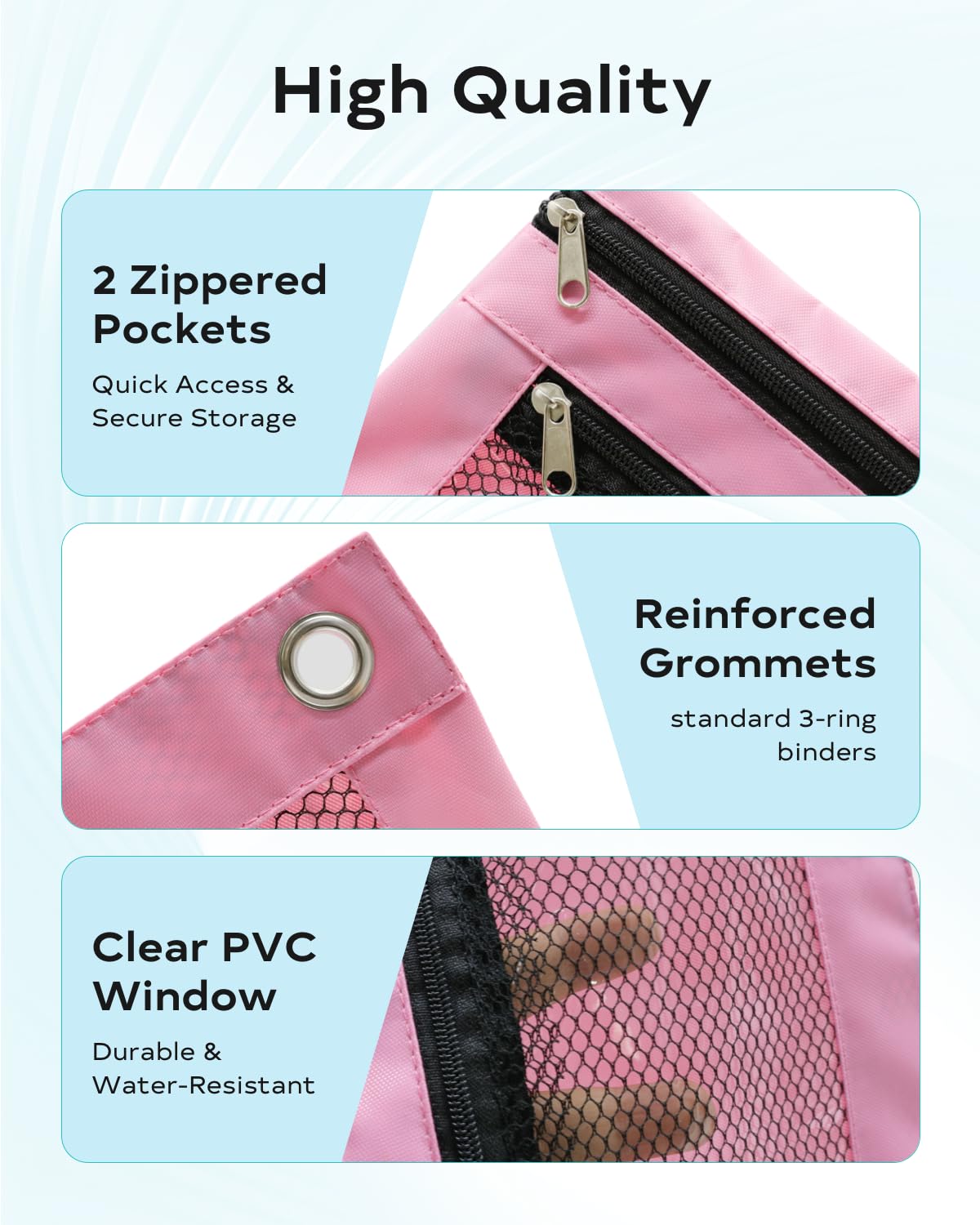 Custodia per raccoglitore a 3 anelli con cerniera e 3 fori, portapenne, accessori sciolti con finestra trasparente, tasche estetiche per organizer, rosa, 9.8 x 7 inches, rosa