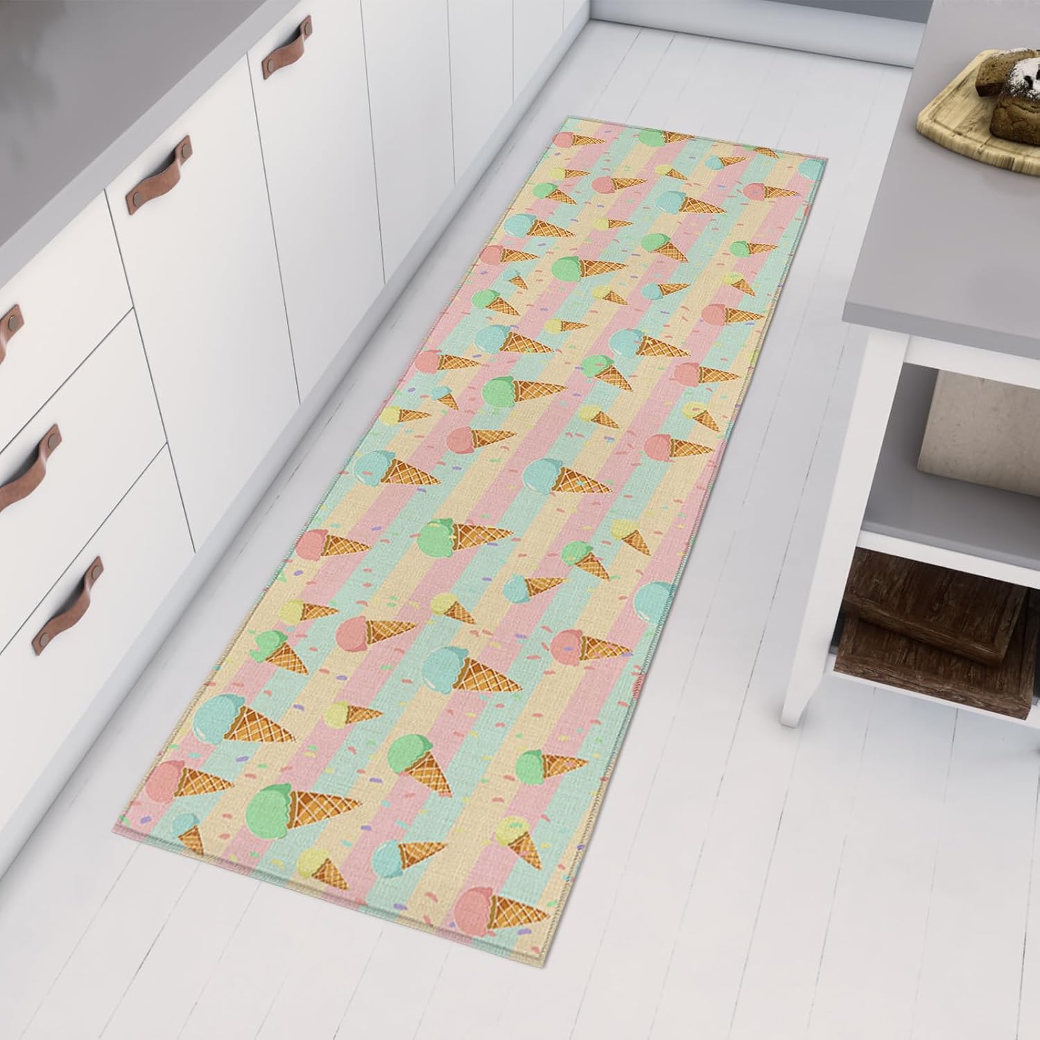Kitchen Mats for Floor Colorful Ice Cream on Stripes Washable Non Slip Kitchen Rugs 1PCS, Vintage Linen Texture Absorbent Standing Mats for Sink Bathroom Office Living Room 15.7x47.2in