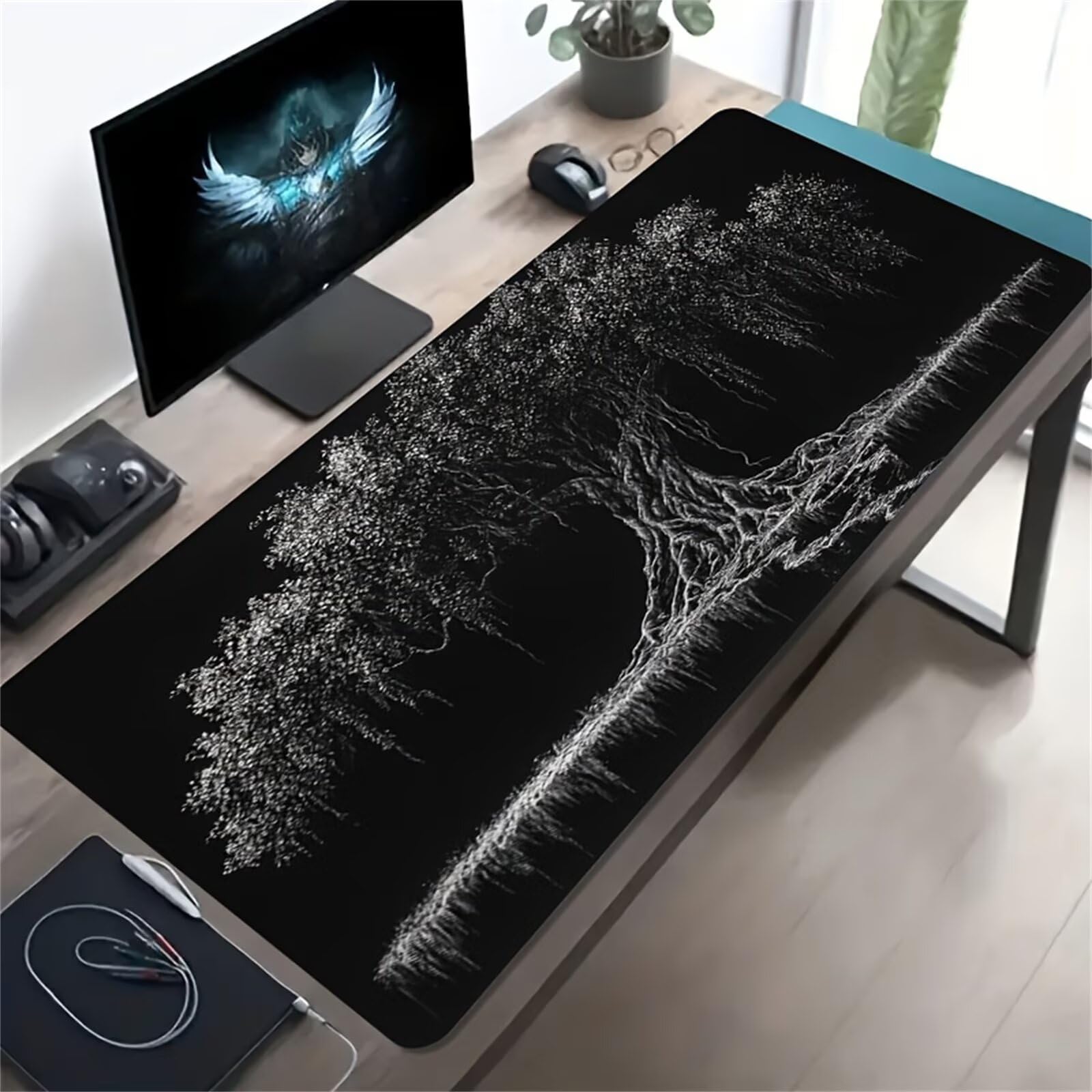 Tappetino per Mouse Gaming XXL 1200x600x2 mm, Mousepad Extra Large da Scrivania con Tappetino per Tastiera Antiscivolo, Superficie Ottimizzata per Sensori Ottici, Albero della Vita Astratto