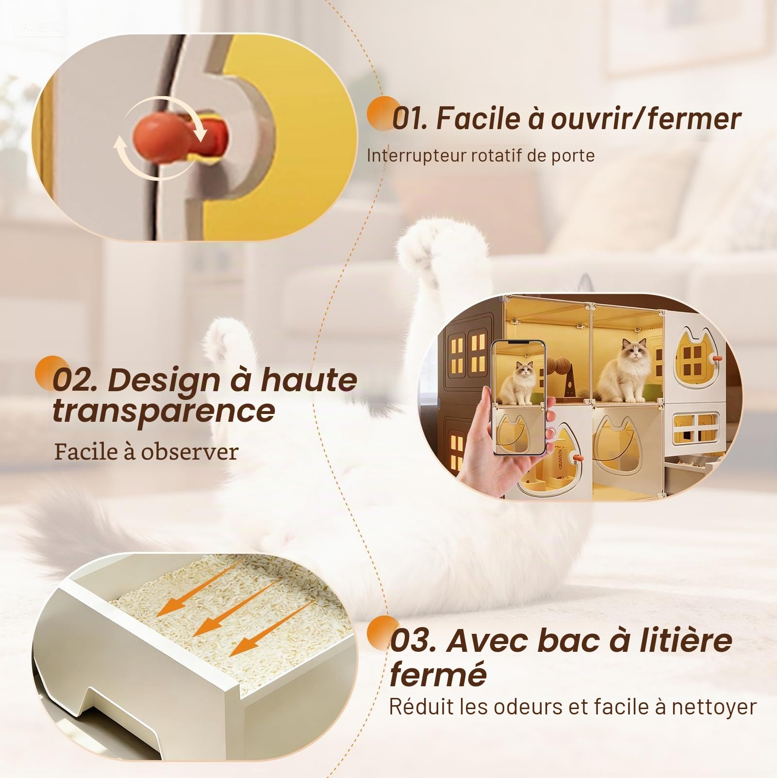 Grande cage d'intérieur pour chat avec toilettes, panneaux de clôture, installation facile
