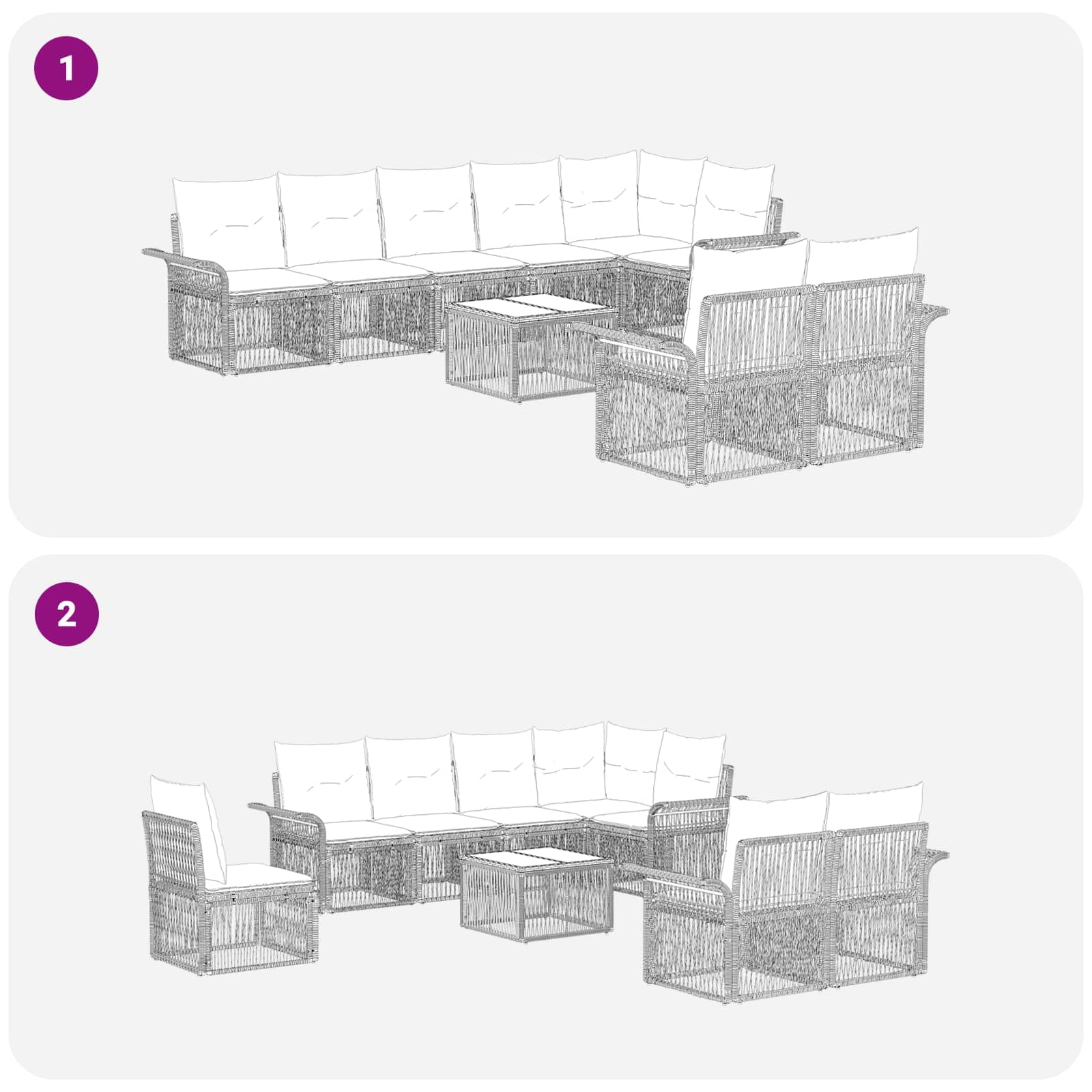 Set di divani da giardino in polyrattan, 9 pezzi, grigio | Set modulare in rattan per terrazza e giardino con 8 posti, federe rimovibili e tavolo in acciaio.