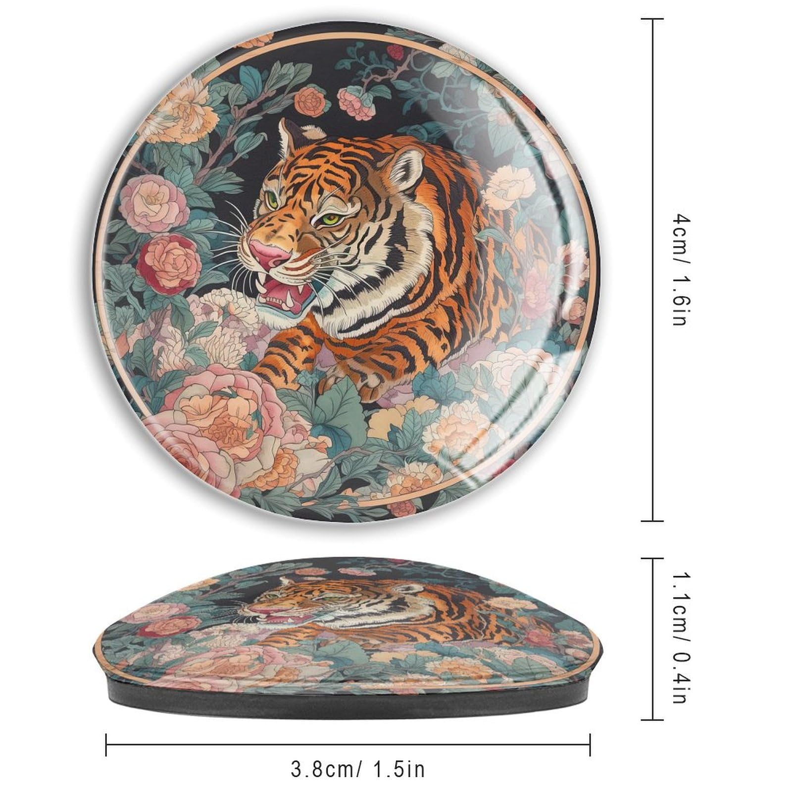 Chinoiserie - Imanes de cristal para refrigerador, diseño de tigre, flores, pequeños imanes asiáticos chinos para pizarra, nevera, cocina, oficina, 4 unidades