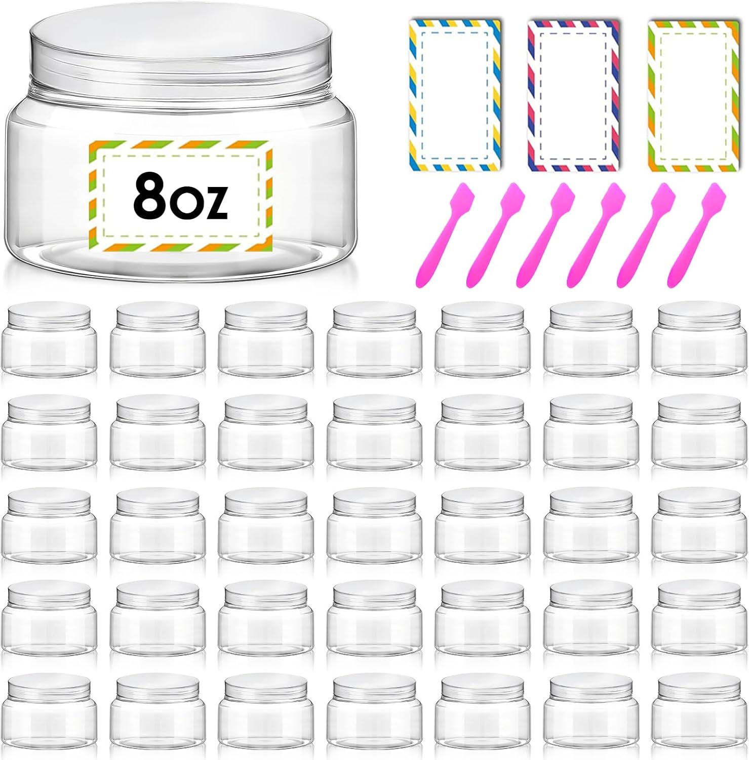 36 Pack 8 oz Plastic Cosmetic Containers With Lids Refillable Clear Empty Travel Jars Containers for Body Butter,Sugar Scrubs,Cream,Lotions,Candy, Waterproof Label&Spatulas - (Gold)