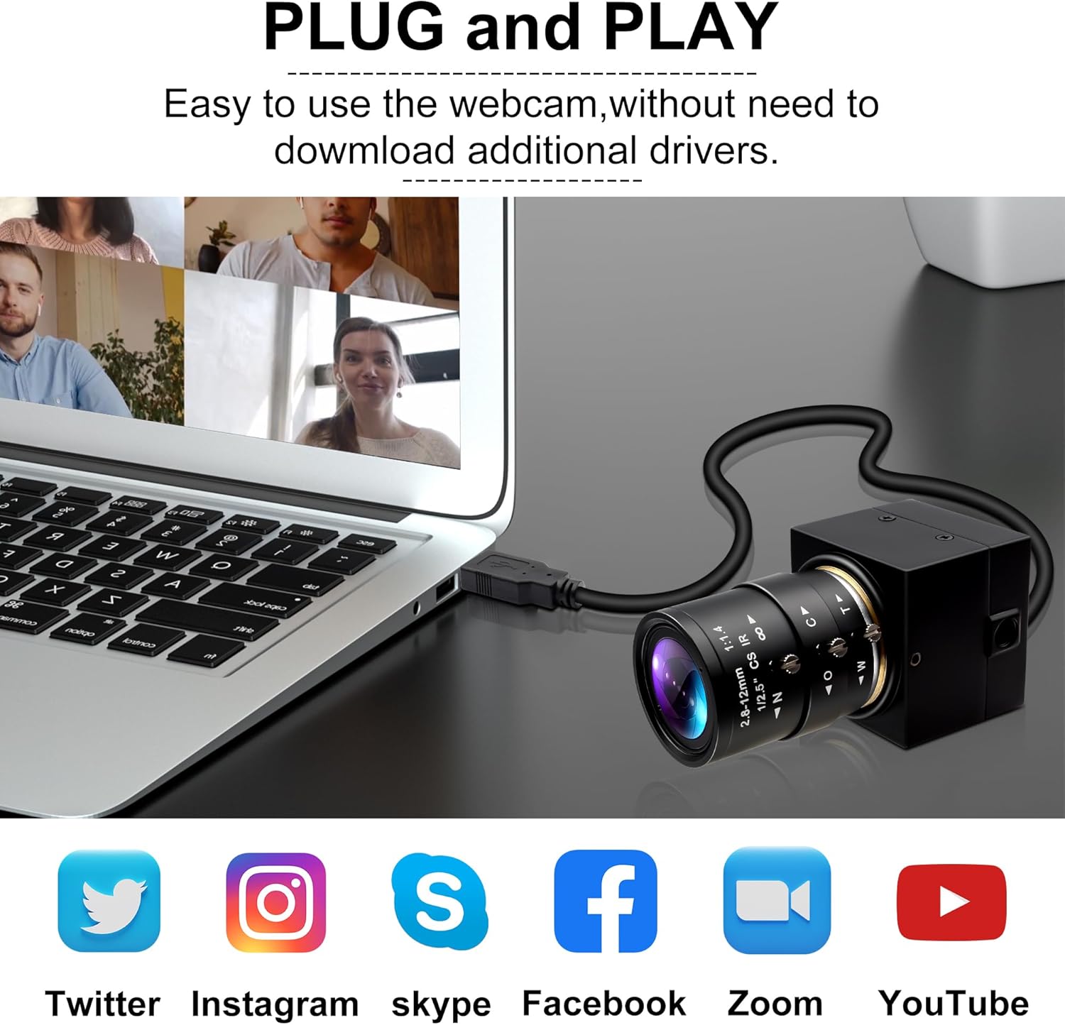 1080P USB Camera with 2.8-12mm Varifocal Lens, 0.01Lux Low Light Webcam H.264 IMX323 Computer Camera for Video Conference, Plug & Play for Windows/Linux/Mac