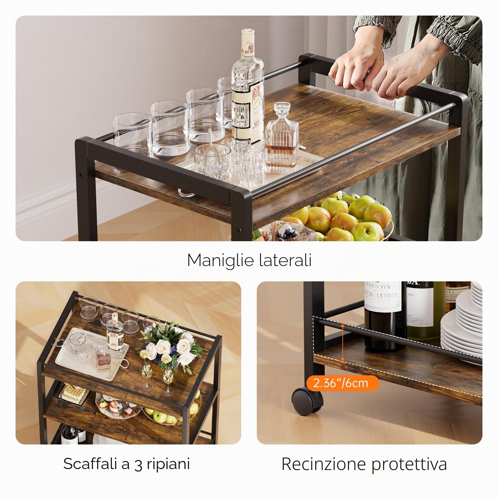 HITNET Carrello da bar, Carrello Mobile per Bevande a 3 Livelli, carrello da cucina con ruote e ripiani portaoggetti per soggiorno, cucina, feste, Marrone rustico e nero