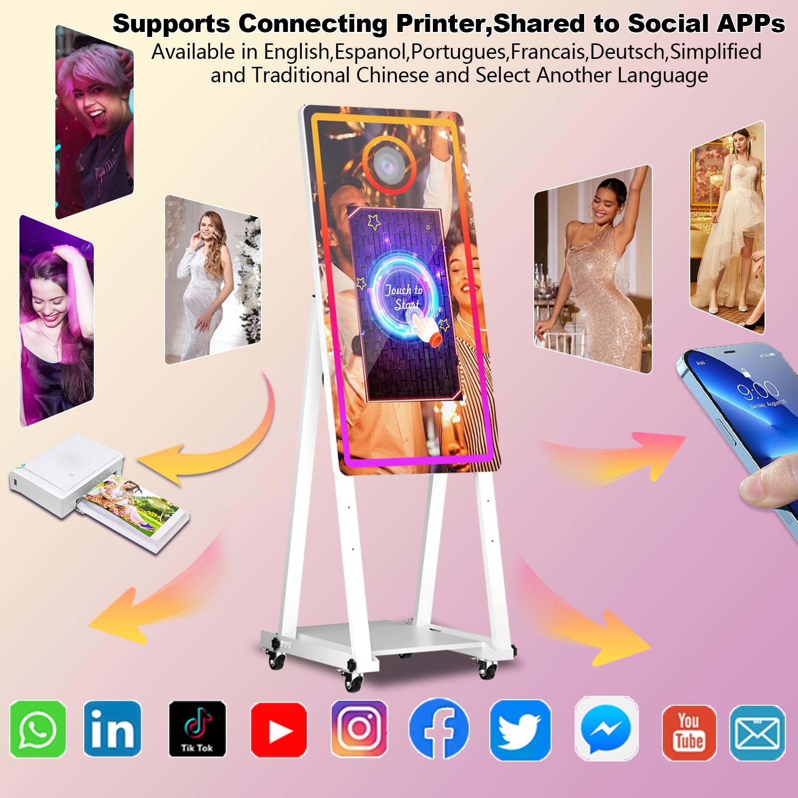 Budka fotograficzna z magicznym lustrem 128 cm z ekranem dotykowym 56 cm, fotobudka DSLR z etui lotniczym, natychmiastowe udostępnianie, światło RGB, profesjonalna fotobudka na imprezę (biała, maszyna