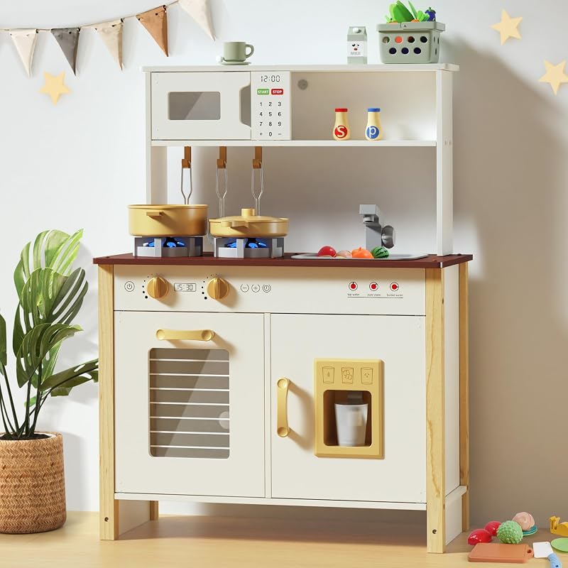 Babytronic Cocina de juego para niños a partir de 3 años con luces y sonidos reales (blanco) | De madera, con estufa, fregadero, horno, máquina de hielo y 30 accesorios
