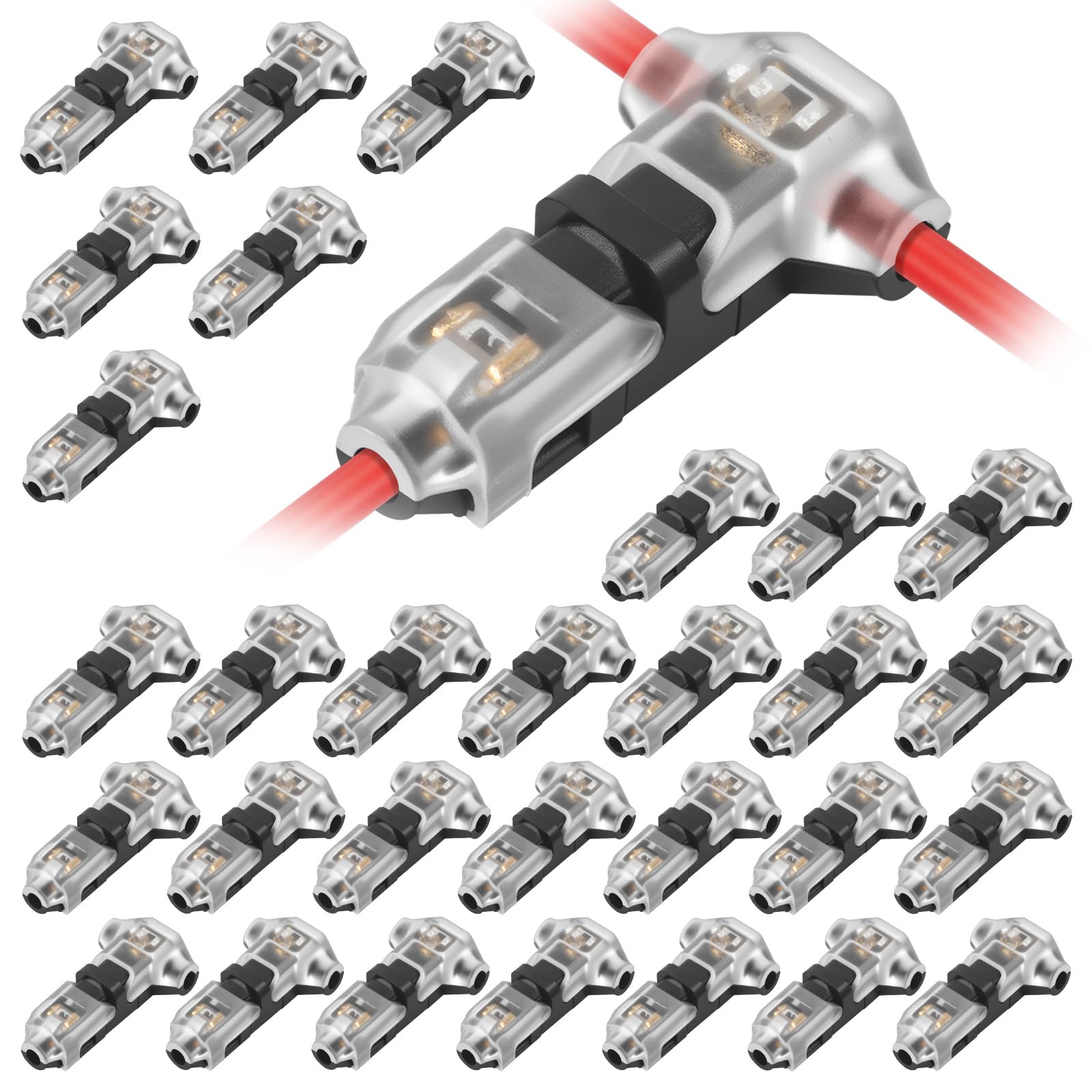 30Pcs T Tap Wire Splice Connectors for 16-20 AWG, 3 Way 1 Pin Low Voltage Wire Connector Solderless No Stripping Quick Splitter Low Voltage and High Voltages Wires Connectors for LED Strip, Automotive