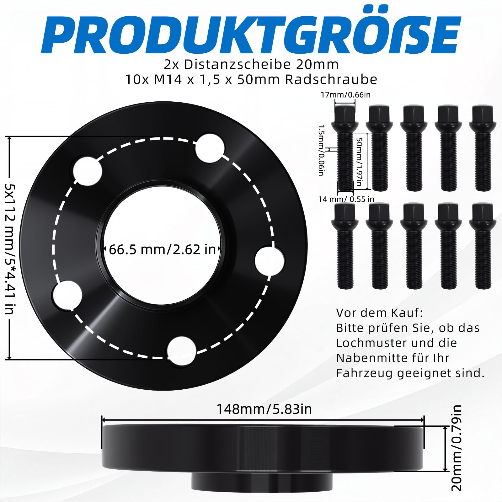 2 x 20 mm Radnaben-Distanzset 5x112 Ø66,5 für Mercedes-Benz | 40mm Spurverbreiterung für Mercedes 117/176/204/211/218. Inkl. 10 Kugelbund-Schrauben M14x1,5 (R13, 50mm). Schwarz eloxiert.