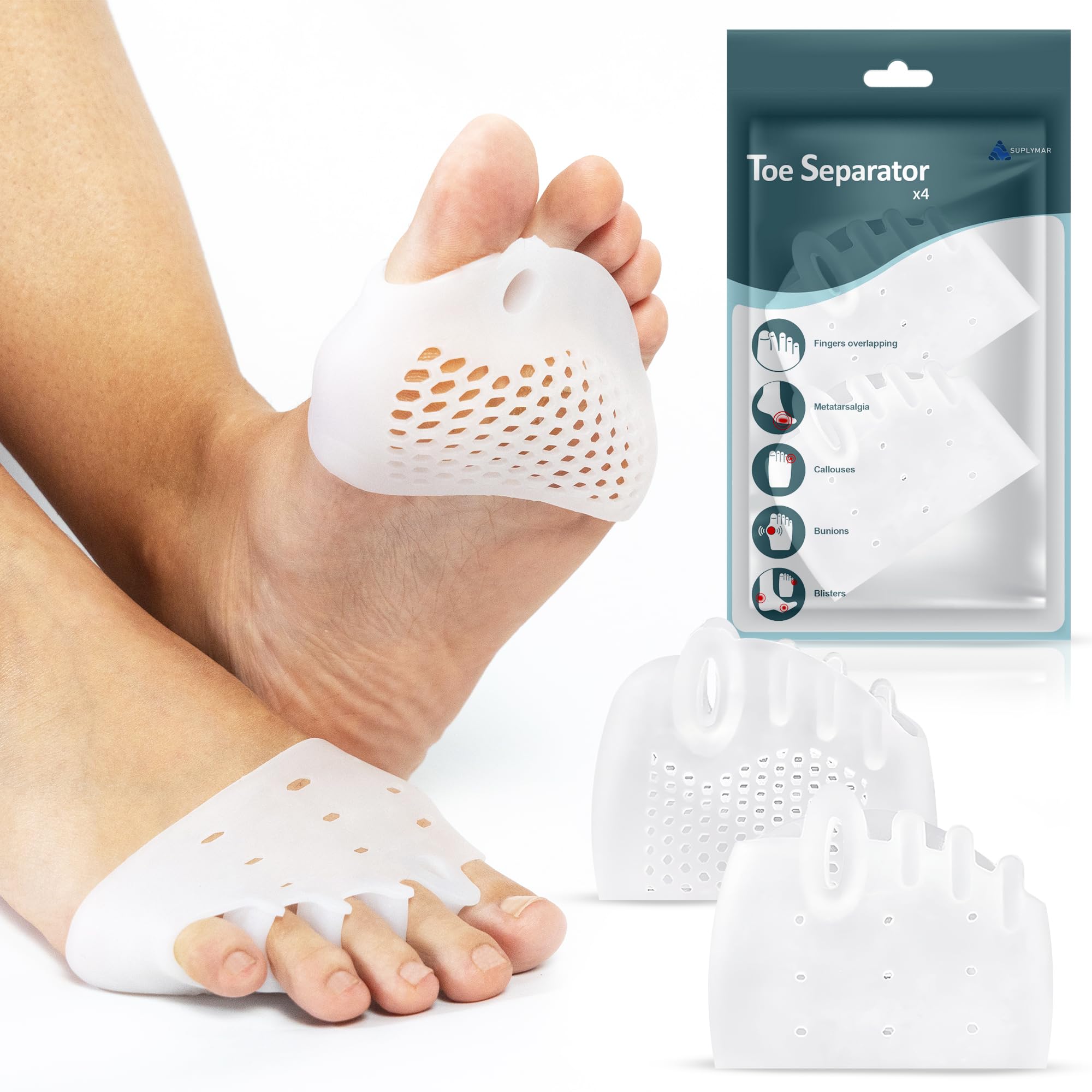 SUPLYMAR Separador Dedos Pie de Silicona con Protector de Juanetes, Adecuado para Utilizar Dentro de Calcetines y Todo Tipo de Zapatos. Almohadillas para Pies de Gel, Alivio del Dolor Metatarsiano.