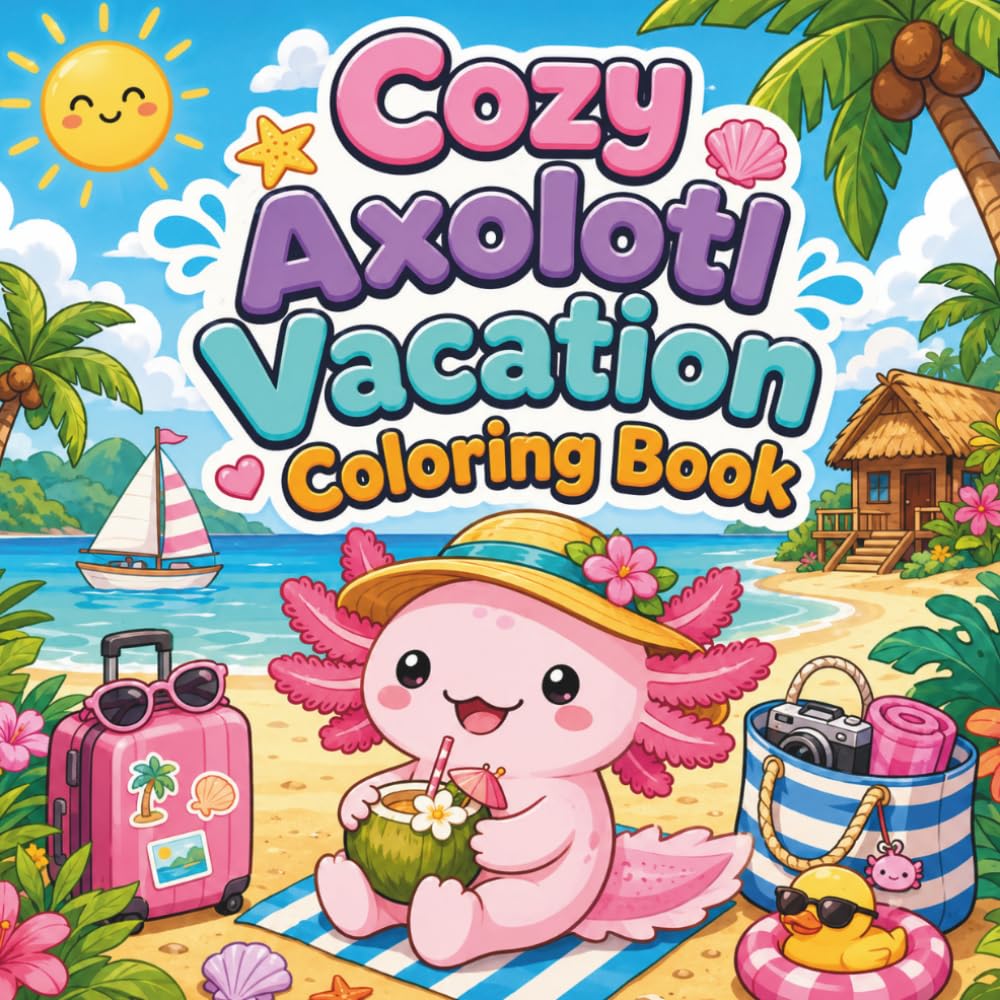 Cozy Axolotl Vacation Coloring Book: A Relaxing Collection of 40 Cute and Easy Coloring Adventures