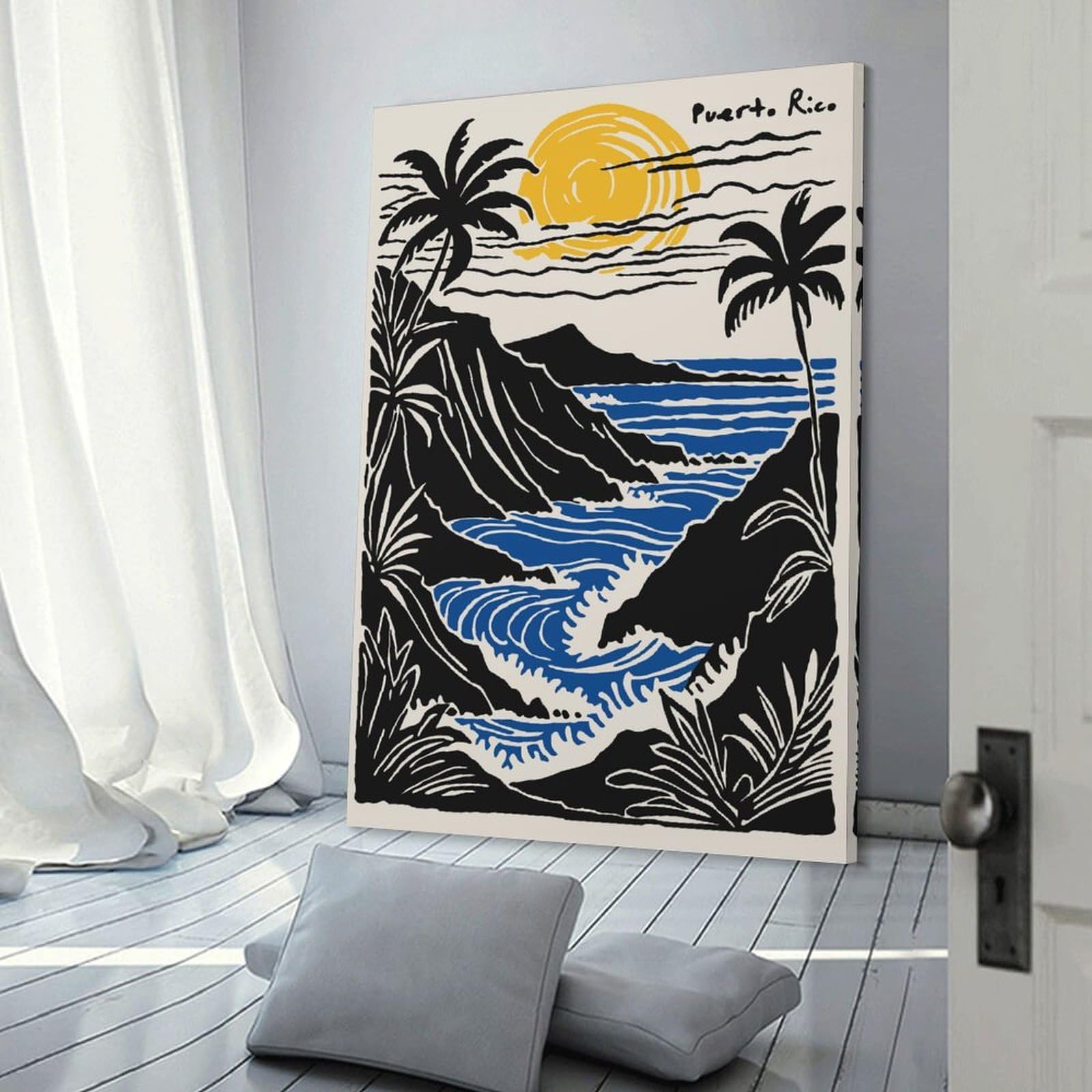 Junmoney Frame-Style-6 Puerto Rico Coastal Landscape Art Room Decor Wall Art, 24X36inch(60X90cm), For Home Office, Desk Area Or Studio, An Interior Accent For Desk Areas