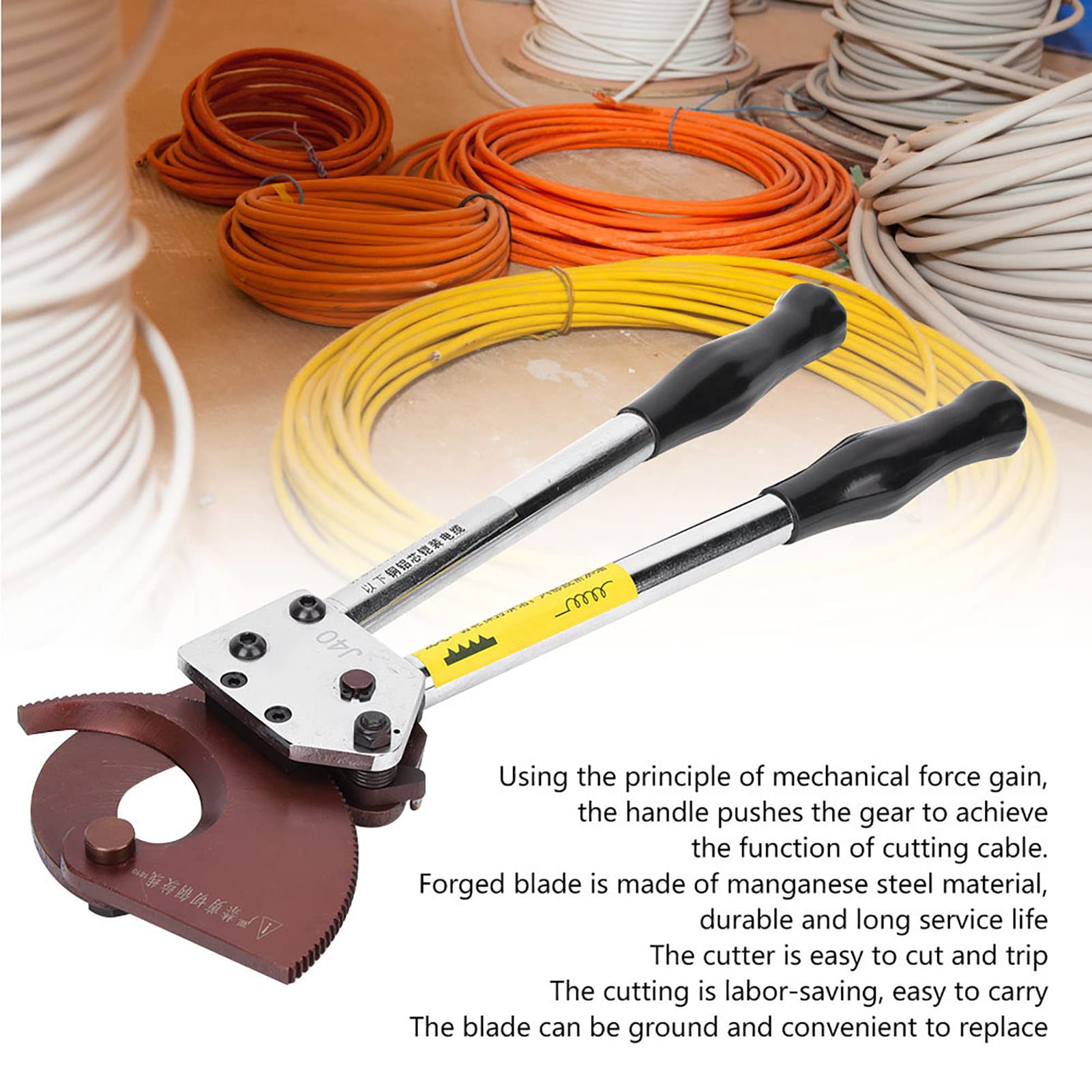 Cortador de cables de trinquete para cables blindados de aluminio de cobre de 300 mm², herramienta manual industrial de acero al manganeso con amplificación de fuerza de 3 etapas y cuchillas