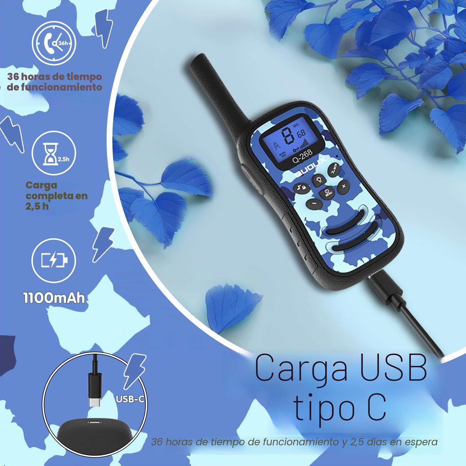 Walkie Talkie Niños 4pcs, Recargable Largo Alcance Walkie Talkie Niña Camuflaje - 8 Canales con Batería Li-Ion Linterna Función SOS y VOX, para 3-12 Años Exteriores Camping Senderismo