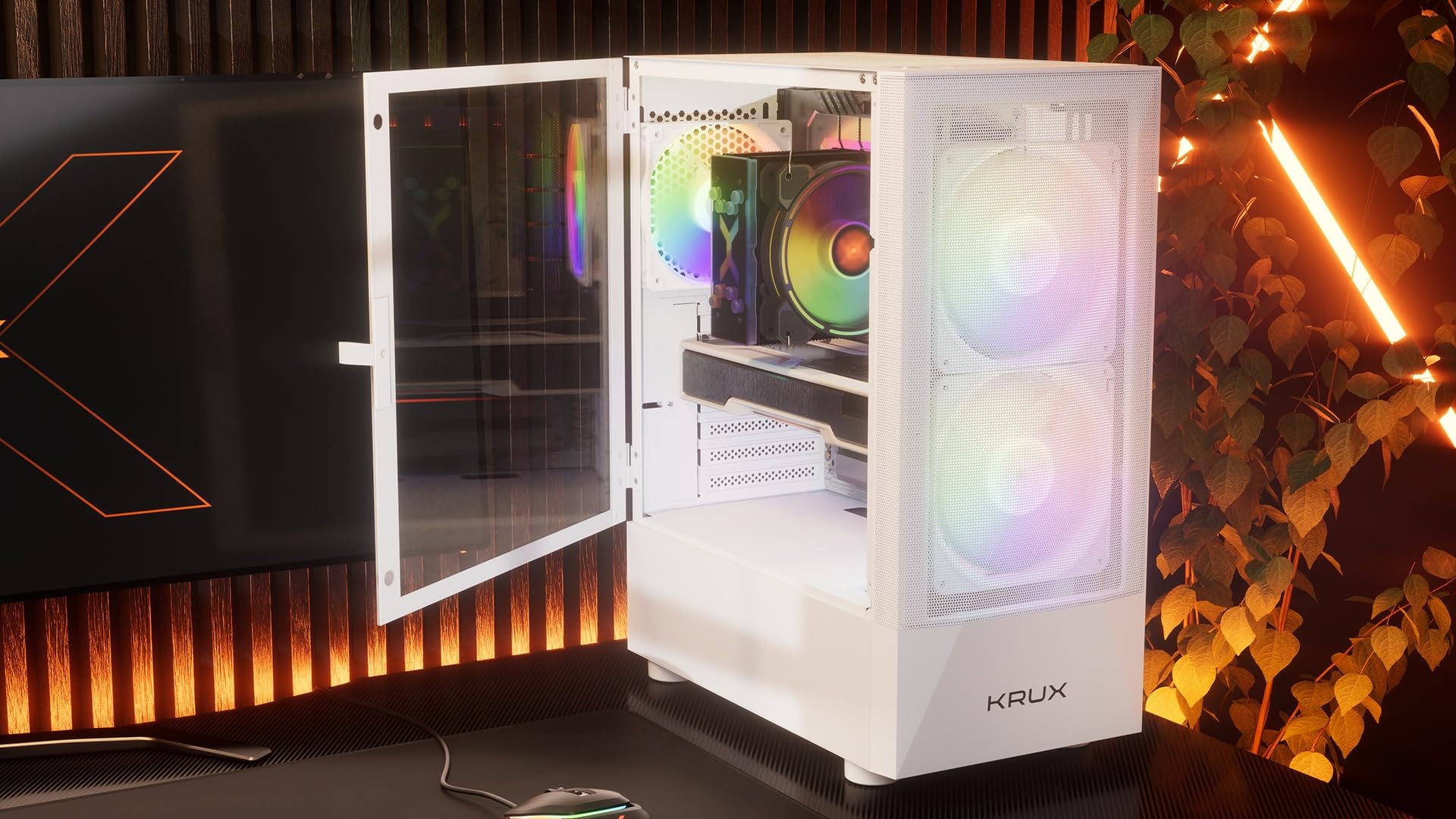 KRUX Vako White RGB,ATX MATX Gaming PC Carcasa Blanca, Ventilador de 2 x 140 mm, Interior Espacioso, Carcasa de PC ATX, Buen Flujo de Aire, hasta 310 mm GPU, PC Case Blanco, KRXD005