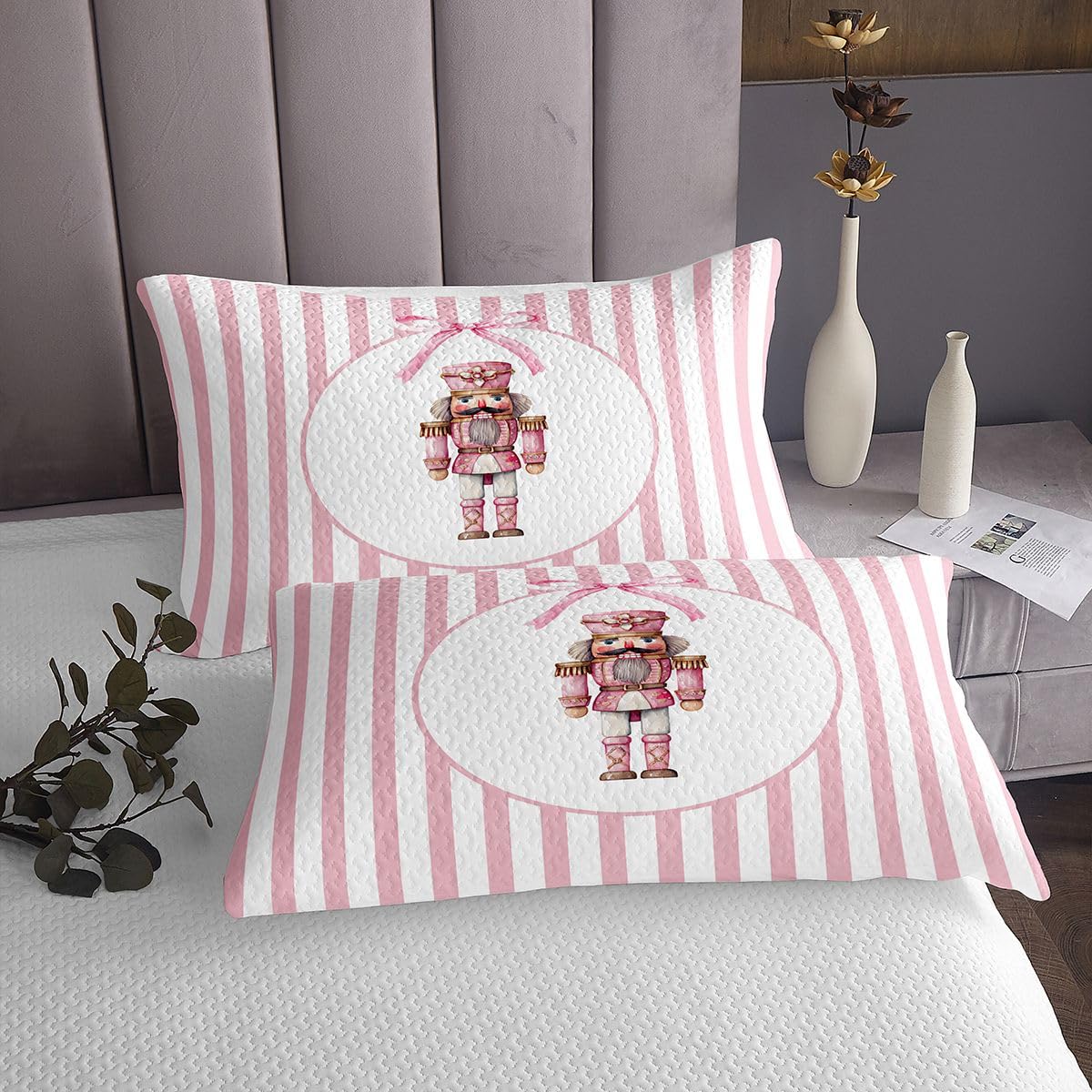 Kołdra z dziadkiem do orzechów z 2 miseczkami na poduszki, na Boże Narodzenie, Lovely Dreamy Bowknot Coverlet, rozmiar M, dla nastolatków, dorosłych, na zimę, Boże Narodzenie, paski