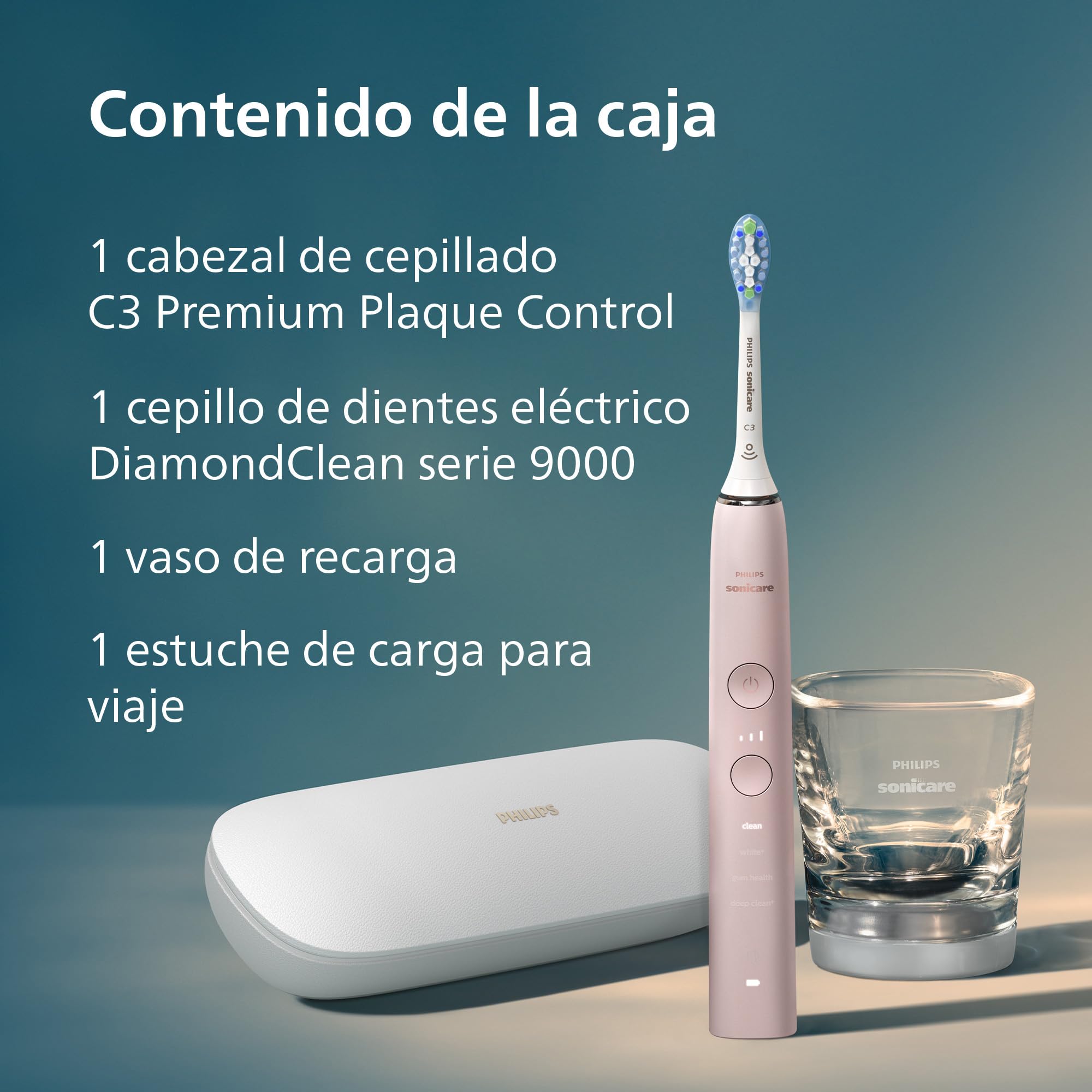 Philips Sonicare DiamondClean 9000 cepillo dental eléctrico, sónico con aplicación, sensor de presión, 4 modos de cepillado, vaso de carga y estuche de viaje USB, rosa, HX9911/29