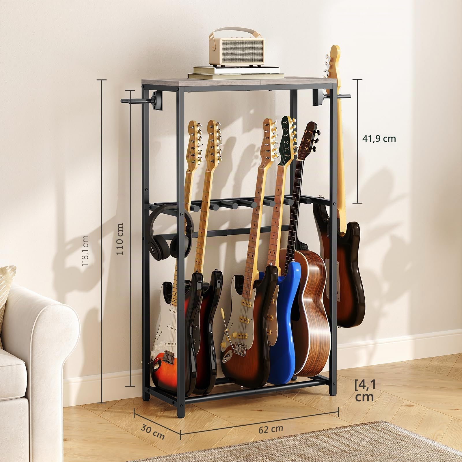 MAHANCRIS Soporte de Guitarra, Estantería para 7 Guitarras de Dos Niveles, para Guitarra Acústica, Guitarra Eléctrica, Bajo, Ukelele, Banjo, Revestimiento Protector de EVA, Gris AGSHG6701
