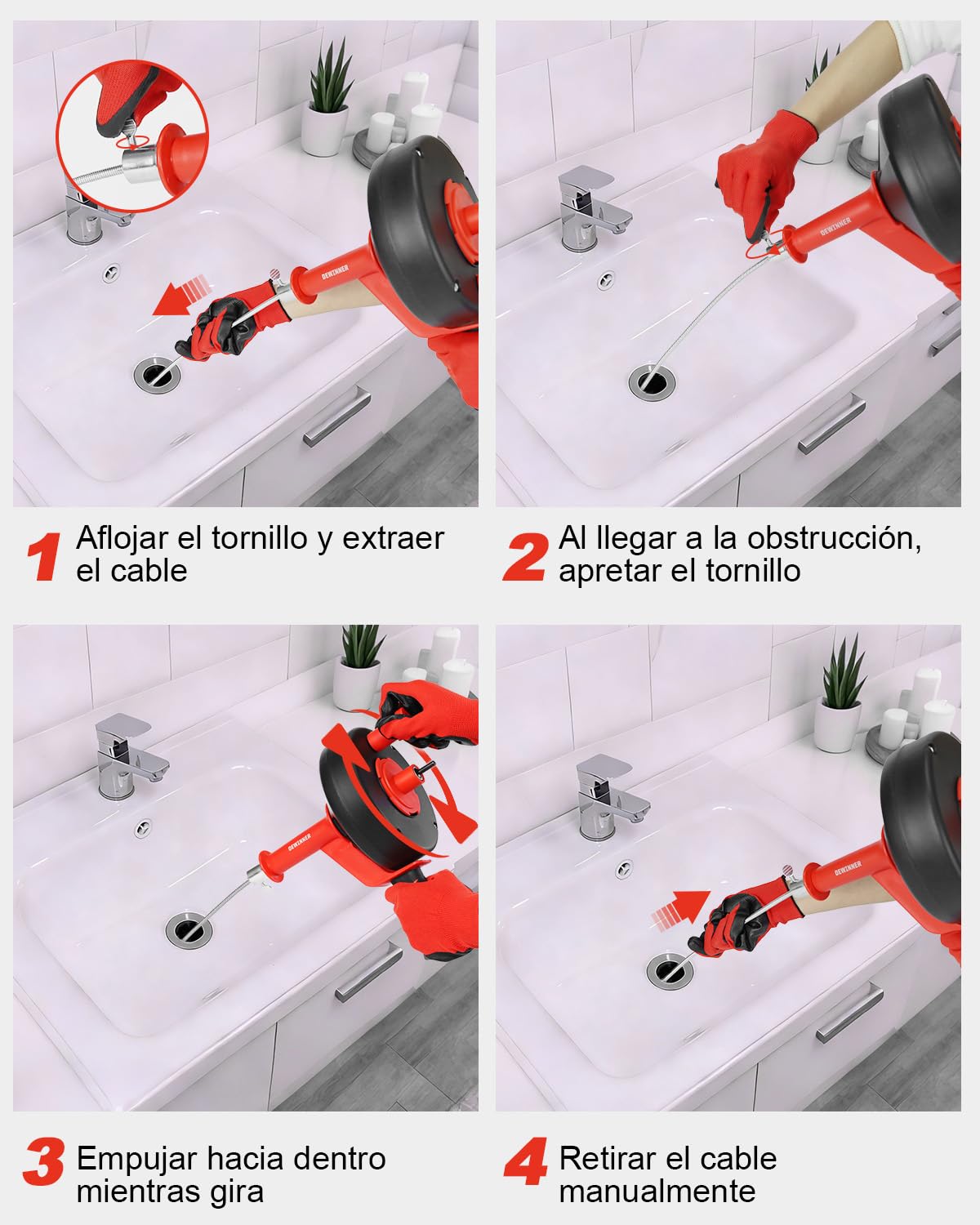 DEWINNER Desatascador de Tuberías 10m Profesional - Kit 2 en 1 Manual y para Taladro, Elimina Atascos de Pelo y Grasa, Guantes y Bolsa - Para Fregadero, Lavabo, Ducha
