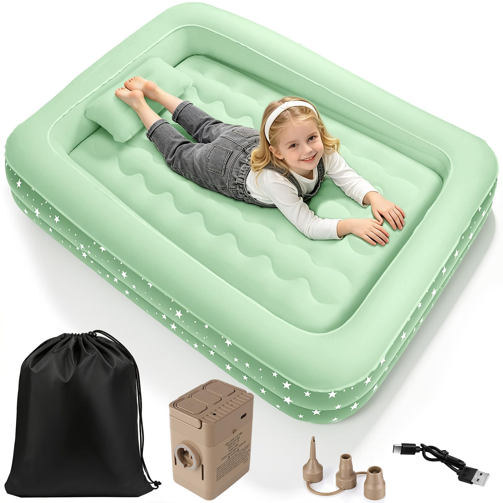 IEEILULU Matelas Gonflable Enfant, Lit Gonflable Enfant avec Rebord, Pompe Électrique, Oreiller, Lit de Voyage Floqué Gonflage Rapide pour Voyages Camping ou la Maison (Vert)