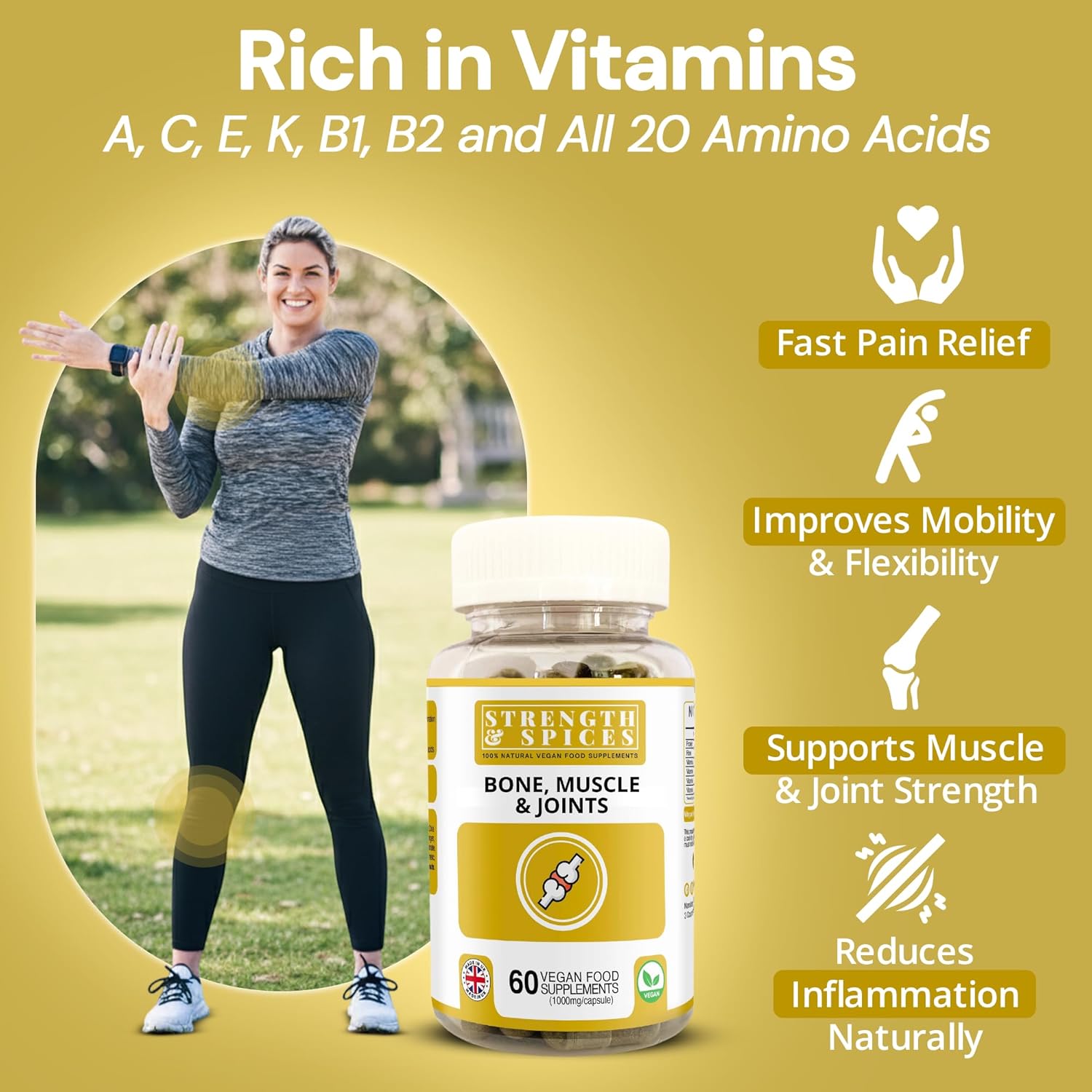 Strength & Spices Bone, Muscle & Joints 100% Natural Supplement – 28 Ingredients w Turmeric - 60 Vegan UK Made 1000mg Capsules – Mobility and Flexibility Support