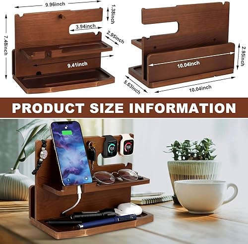 Miniatura 5 de Organizador de escritorio o mesita de noche para hombres, estación de acoplamiento de madera para teléfono, regalos de cumpleaños para marido, día