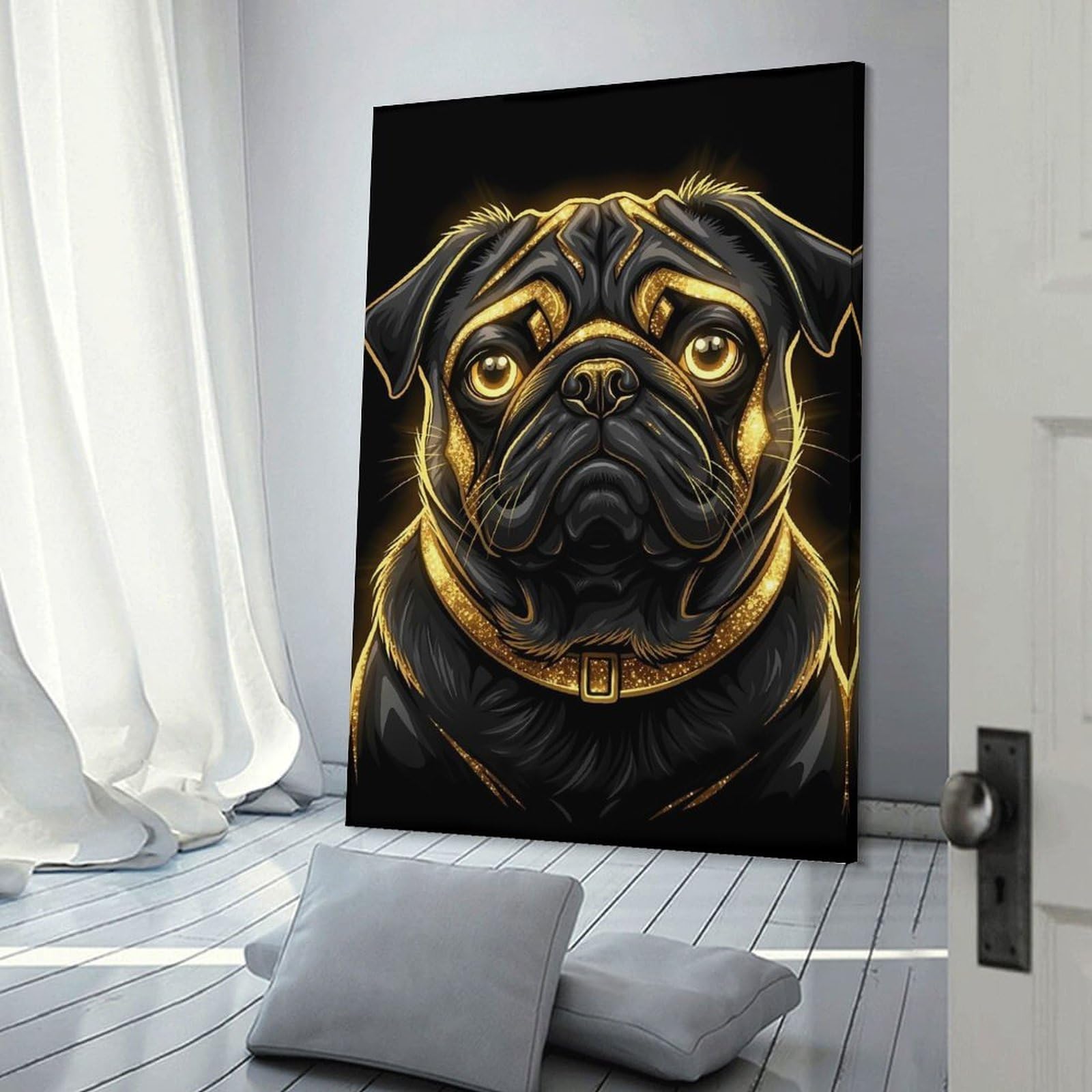 Junmoney Frame-Style-3 Elegant Black And Gold Pug Portrait Home Decor Wall Art 12X18inch(30X45cm), For Bedroom, Guest Room Or Reading Nook, Decorative Wall Art For Cosy Rooms