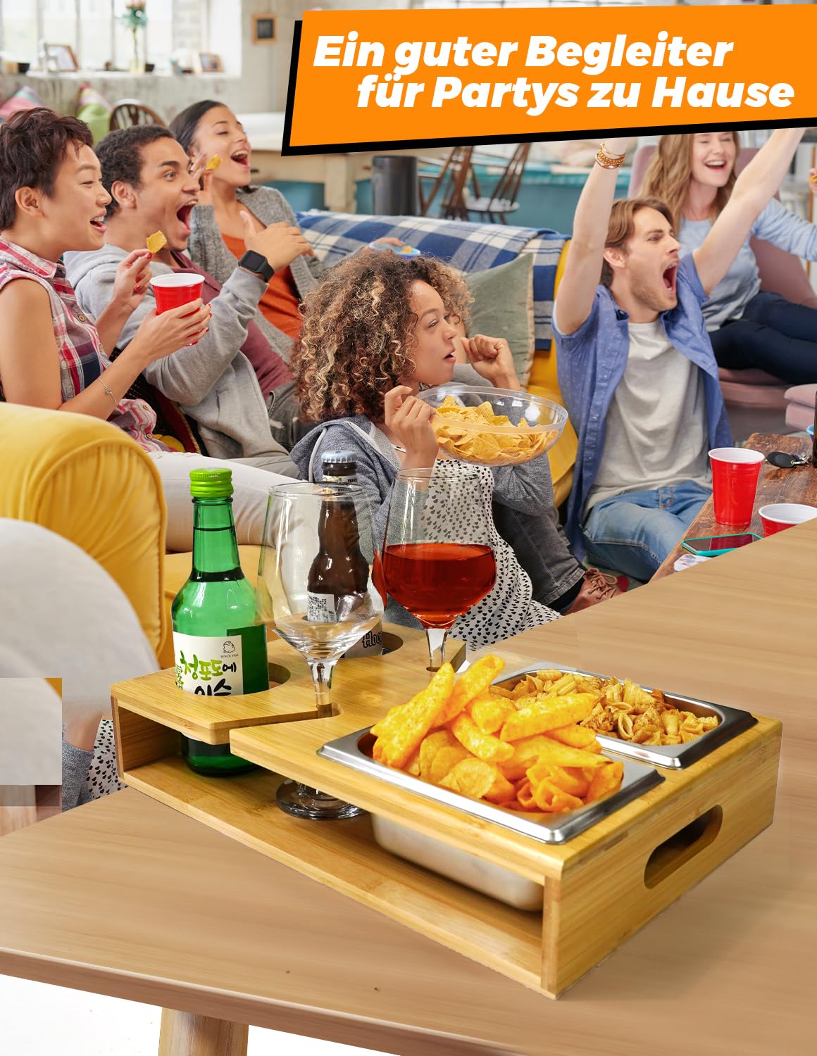 Vassoio Portata In Legno Bambù Con Ciotole Snack E Portabicchieri - Per Divano, Giardino E Camping - Foto 3