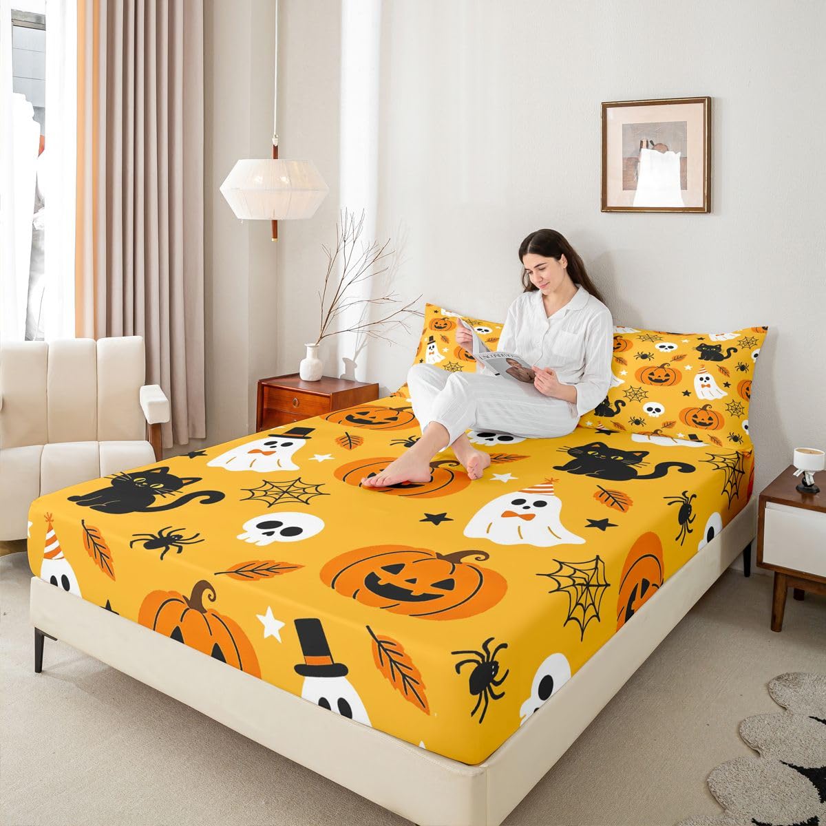 Homemissing Sábana bajera ajustable de Halloween con 2 fundas de almohada, tamaño King, con bolsillo profundo de 40,6 cm, para niños y niñas, decoración de dormitorio de adolescentes (sin sábana