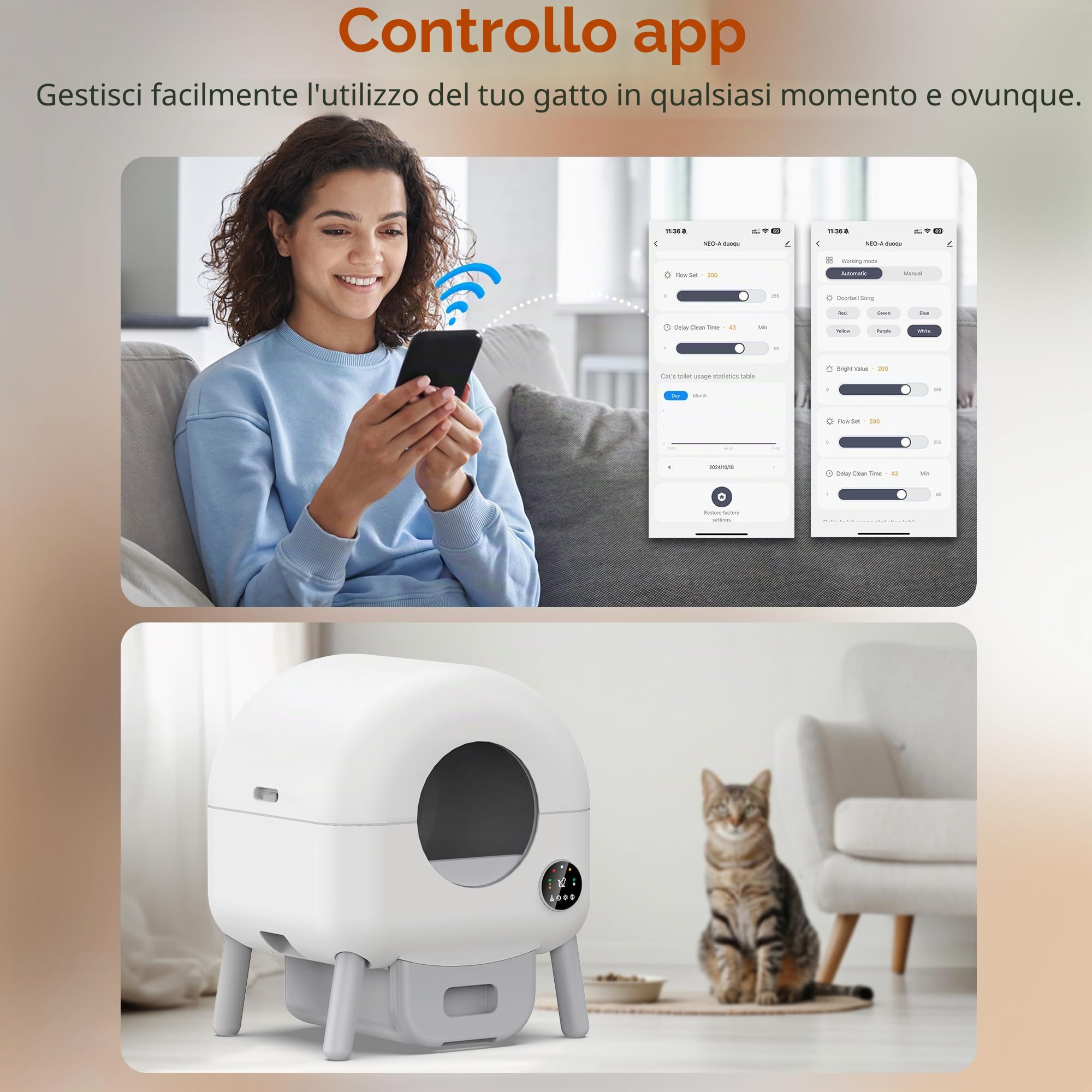 Lettiera autopulente – Lettiera automatica da 105 litri per più gatti, 1 rotolo di sacchetti della spazzatura e tappetino inclusi, controllo app, bianco