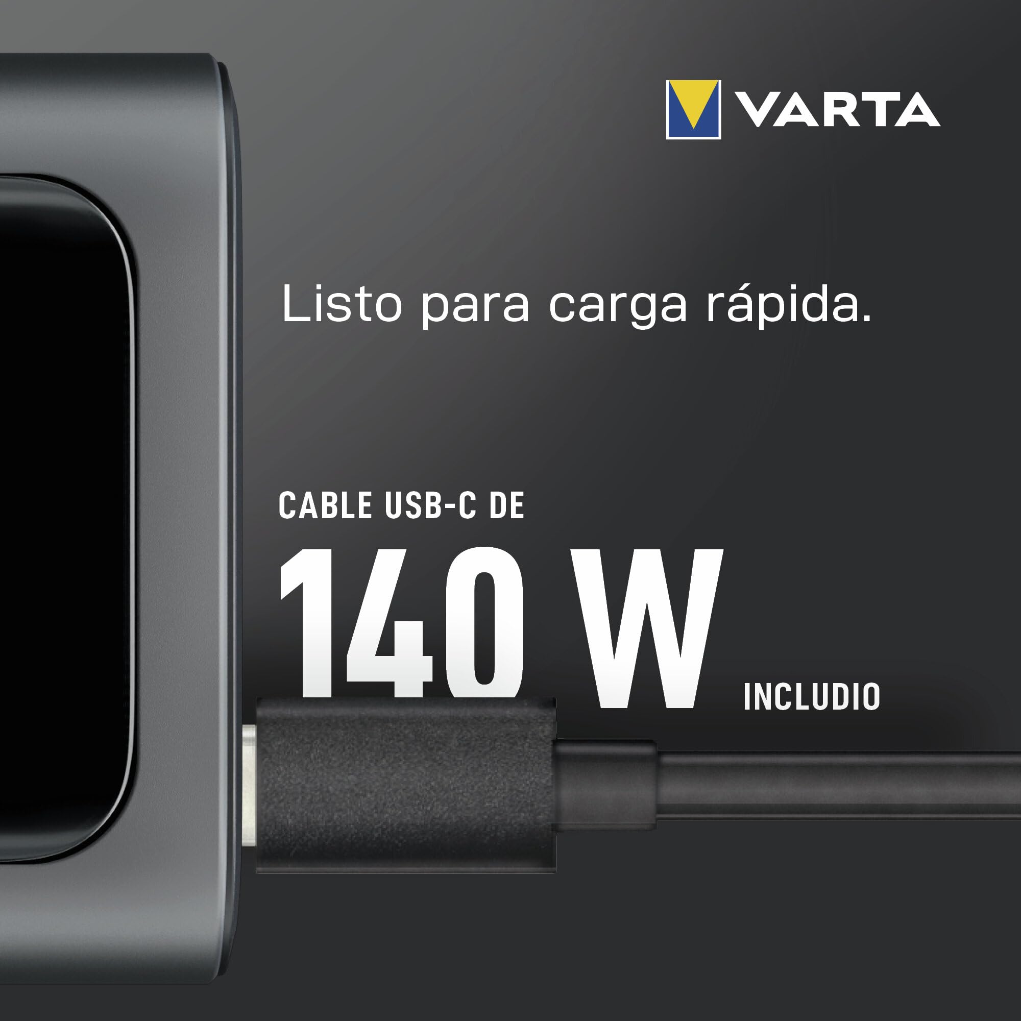 VARTA Batería Externa 27000mAh, Carga ultrarrápida de 140 W, 3 Puertos (2X USB-C; 1x USB-A), Compatible con Ordenador portátil, Smartphone y Tableta, Pantalla Digital, Incluye Cable de 140 W. | para Laptop, smartphone, Tablet y Drohne, 2x USB C PD, 1x USB