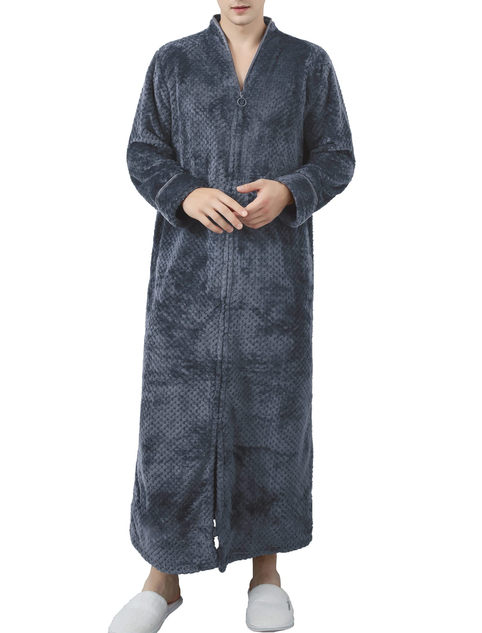 Locachy Men's Grey Flannel Zip Bathrobes Soft Warm Long Fleece Plush Robe Housecoats Nightgown Sleepwear, L-X-L