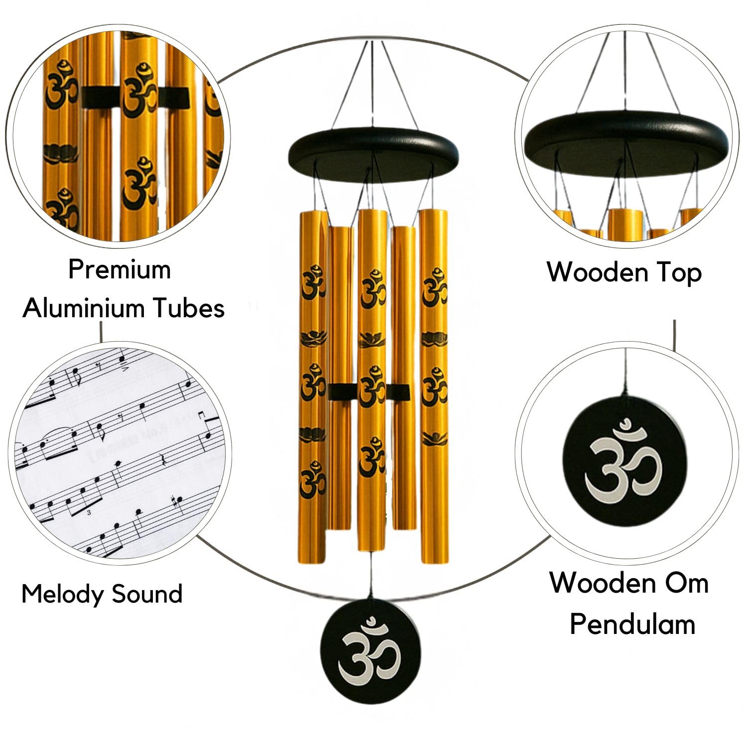 sculpmart 27inch Big Wind Chime for Home & Balcony Hanging - 5 Pipe OM Design Wind Chime for Positive Energy & Melody Sound (Golden) 4