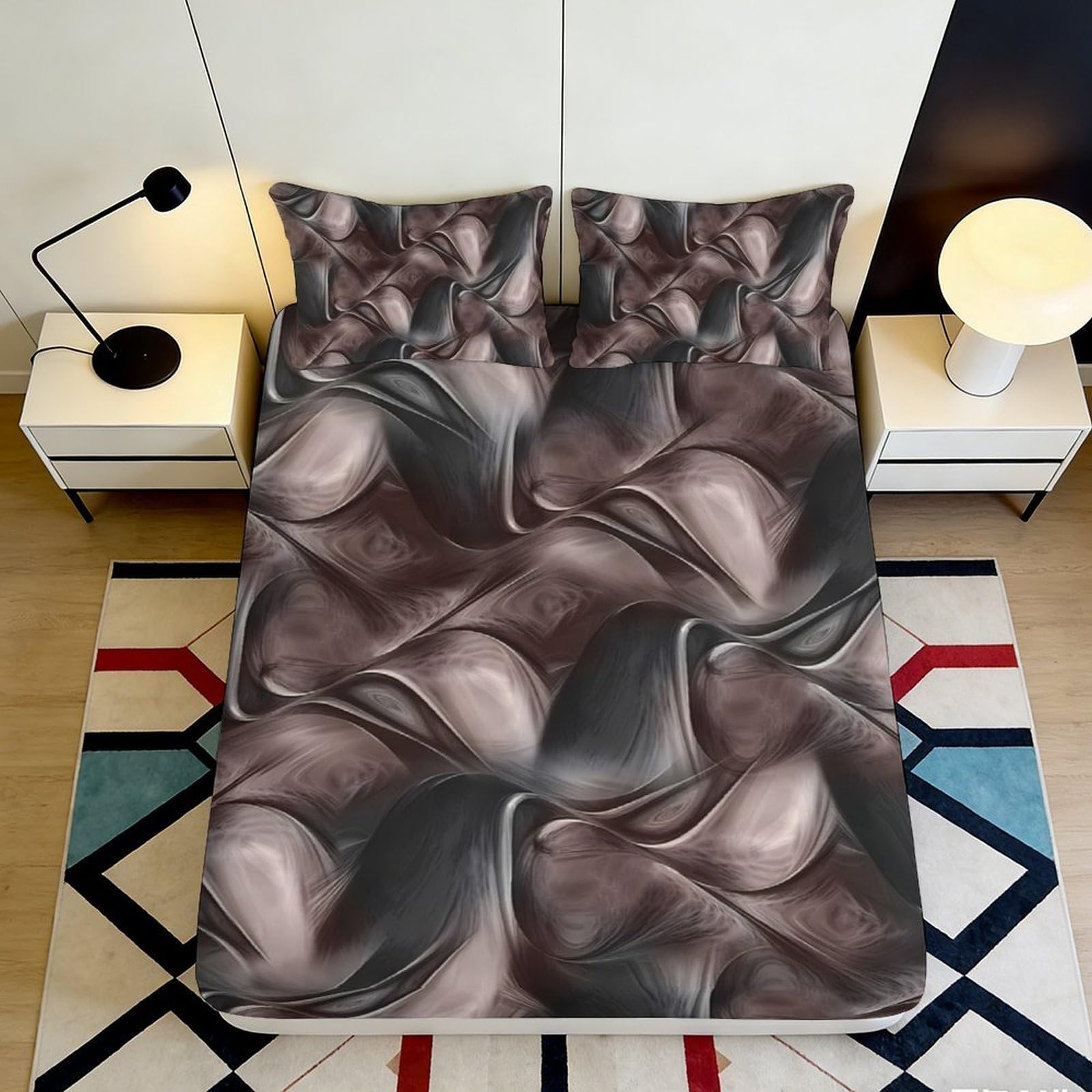 3D Printed Abstract Swirl Fitted Sheet Microfiber Soft Breathable Marble Wave Mattress Cover for Bedroom Guest Room Decor 90x200x25cm