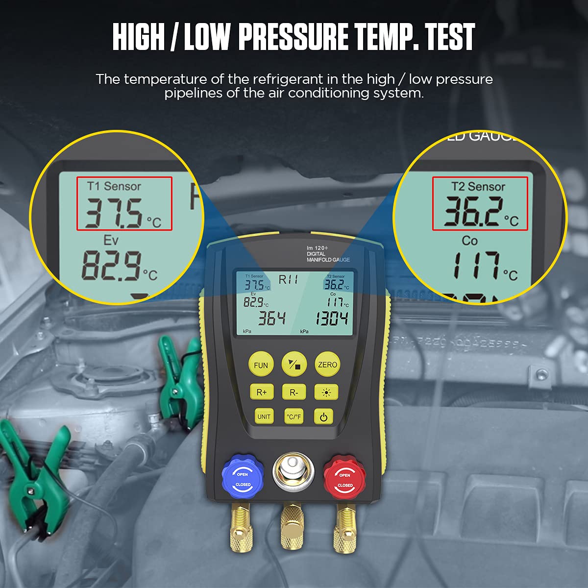 Manómetros Aire Acondicionado Digitales, Kit de Manómetro HVAC para 93 Refrigerantes (R32/R410a/R22/R1234YF), con 2 Abrazaderas de Temperatura para Pruebas de Clima y Frigoríficos