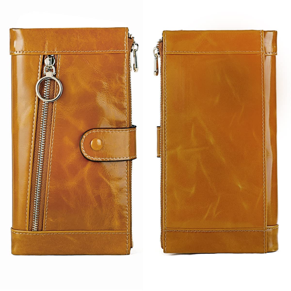 FanazteeWomen's RFID Blocking Long Organizer Leather Clutch Wallet Fashion Bifold Wallet Purse with Coin Pocket, Tan, Retro